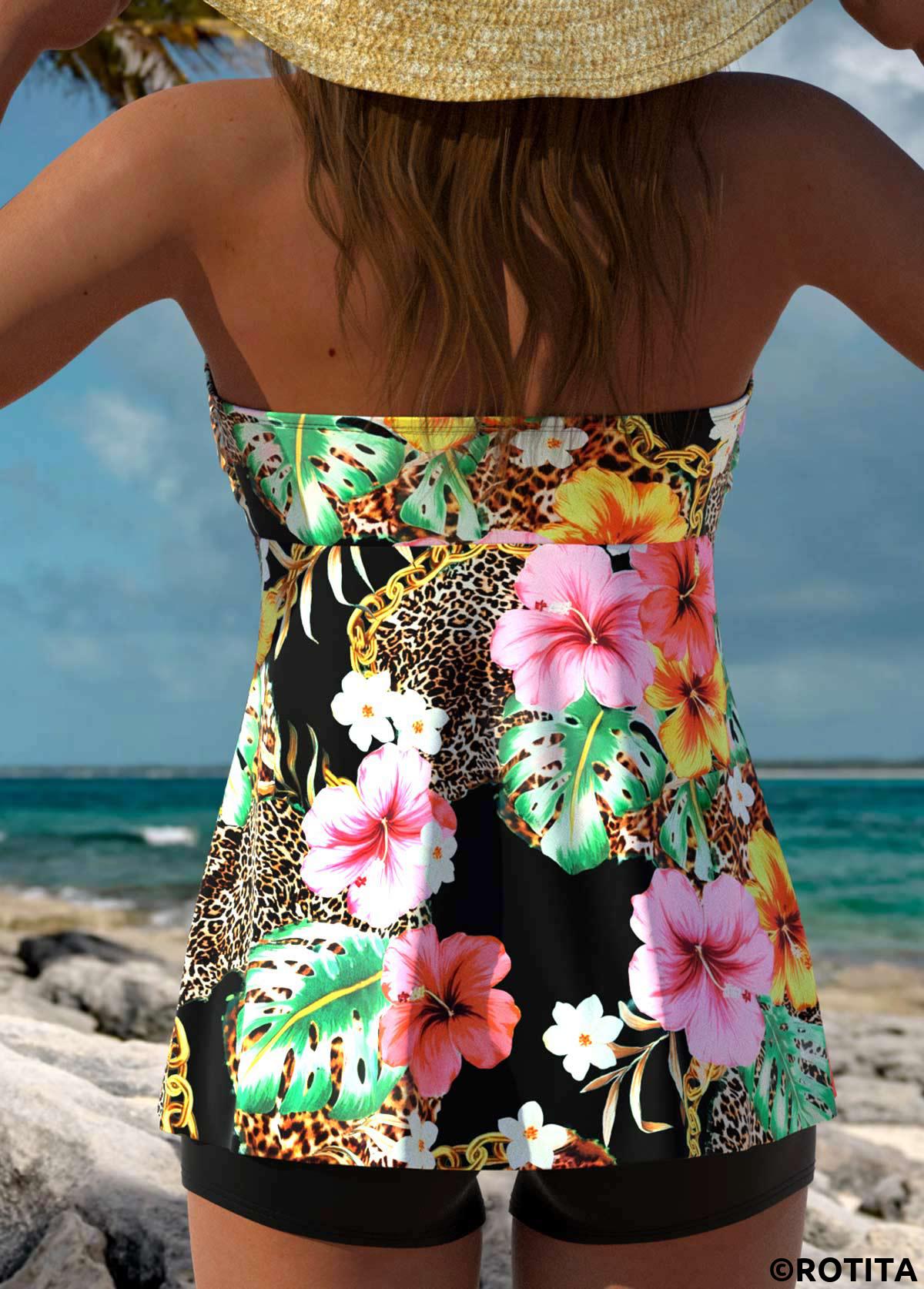 Black swimwear,Floral swimwear,Plants swimwear,ROTITA Tummy Coverage Black Floral Print Tankini Top