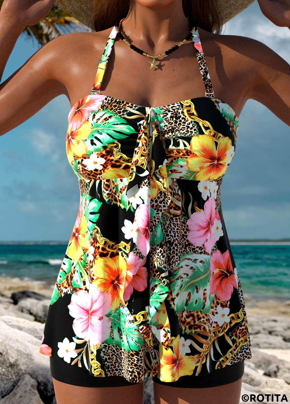 Black swimwear,Floral swimwear,Plants swimwear,ROTITA Tummy Coverage Black Floral Print Tankini Top