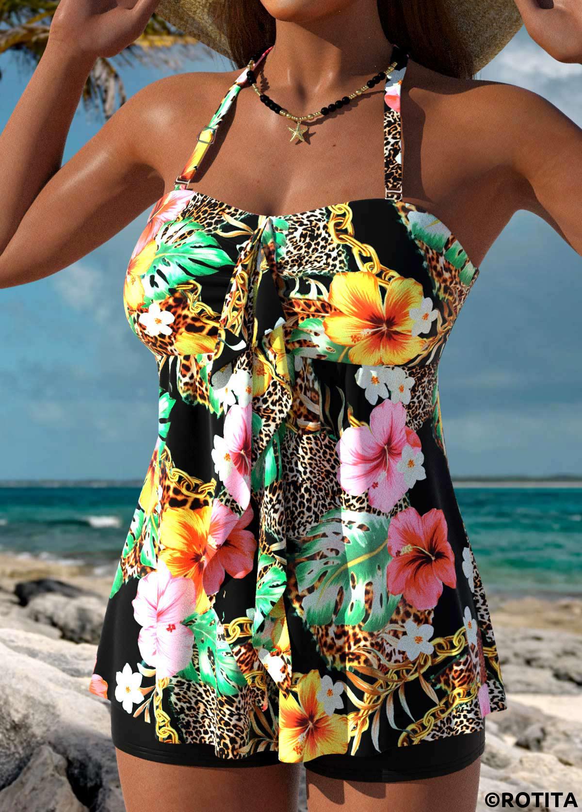 Black swimwear,Floral swimwear,Plants swimwear,ROTITA Tummy Coverage Black Floral Print Tankini Top