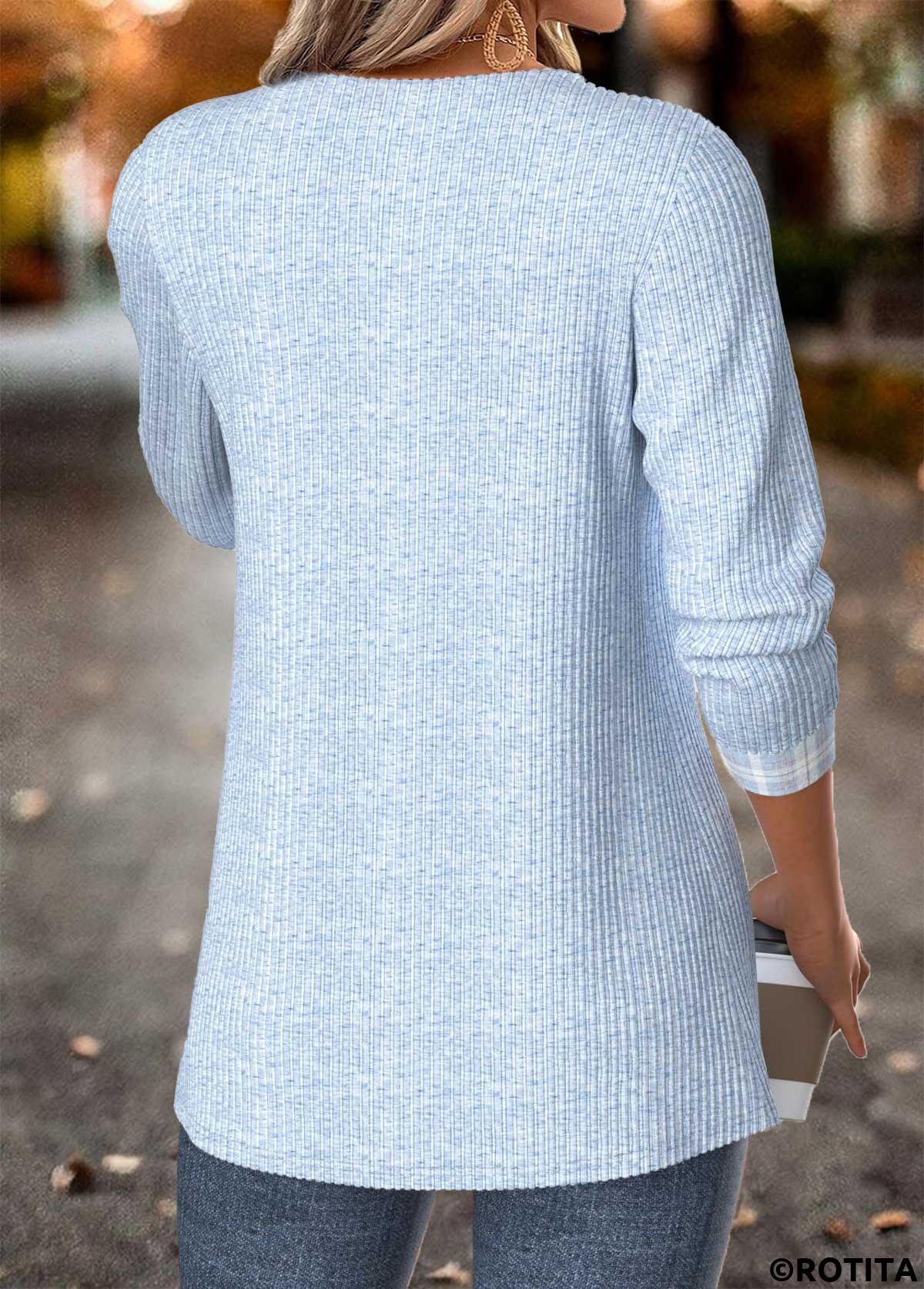 Light Blue tops,Plaid tops,Geometric tops,ROTITA Tummy Coverage Plaid Light Blue Round Neck Blouse