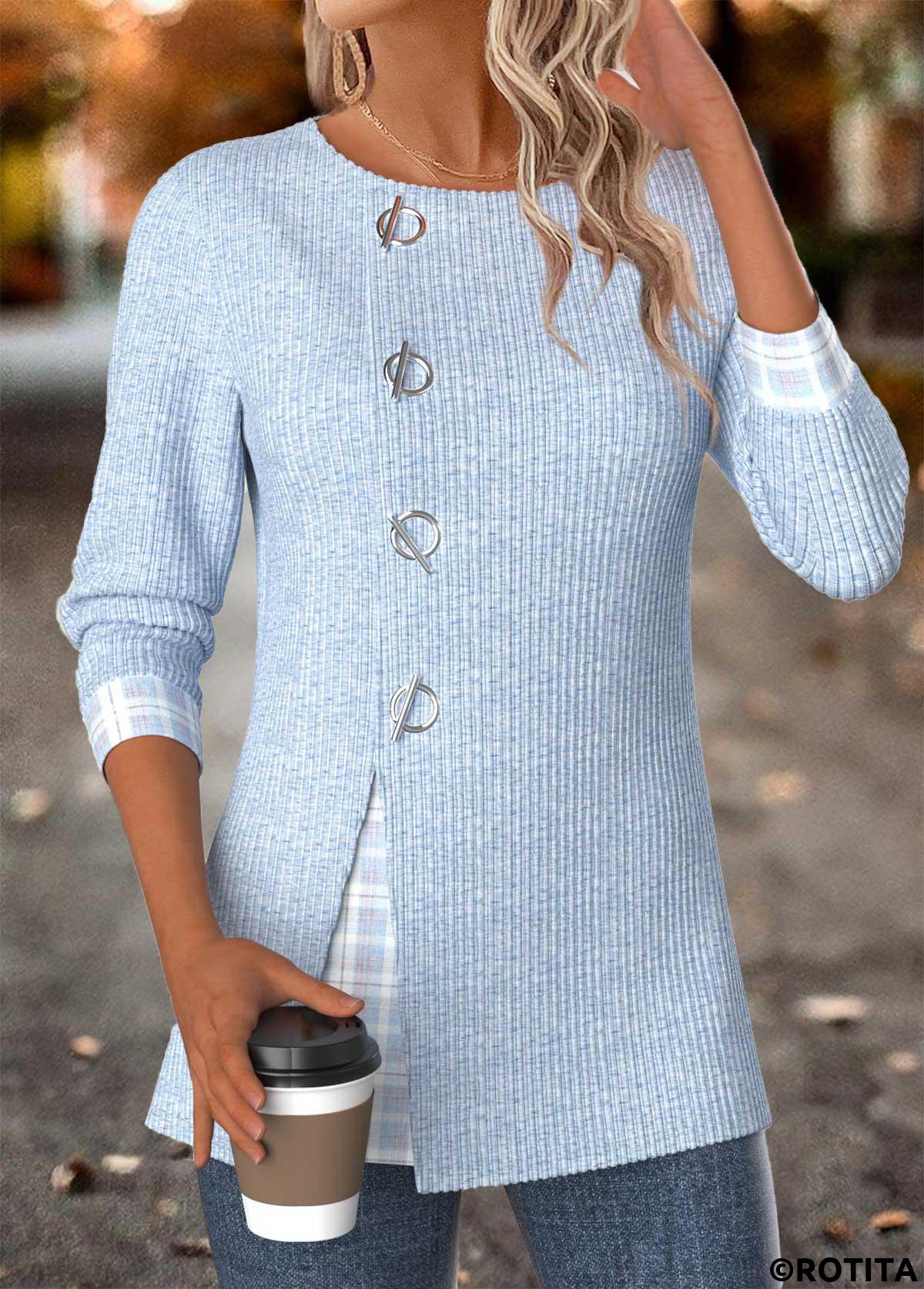 Light Blue tops,Plaid tops,Geometric tops,ROTITA Tummy Coverage Plaid Light Blue Round Neck Blouse