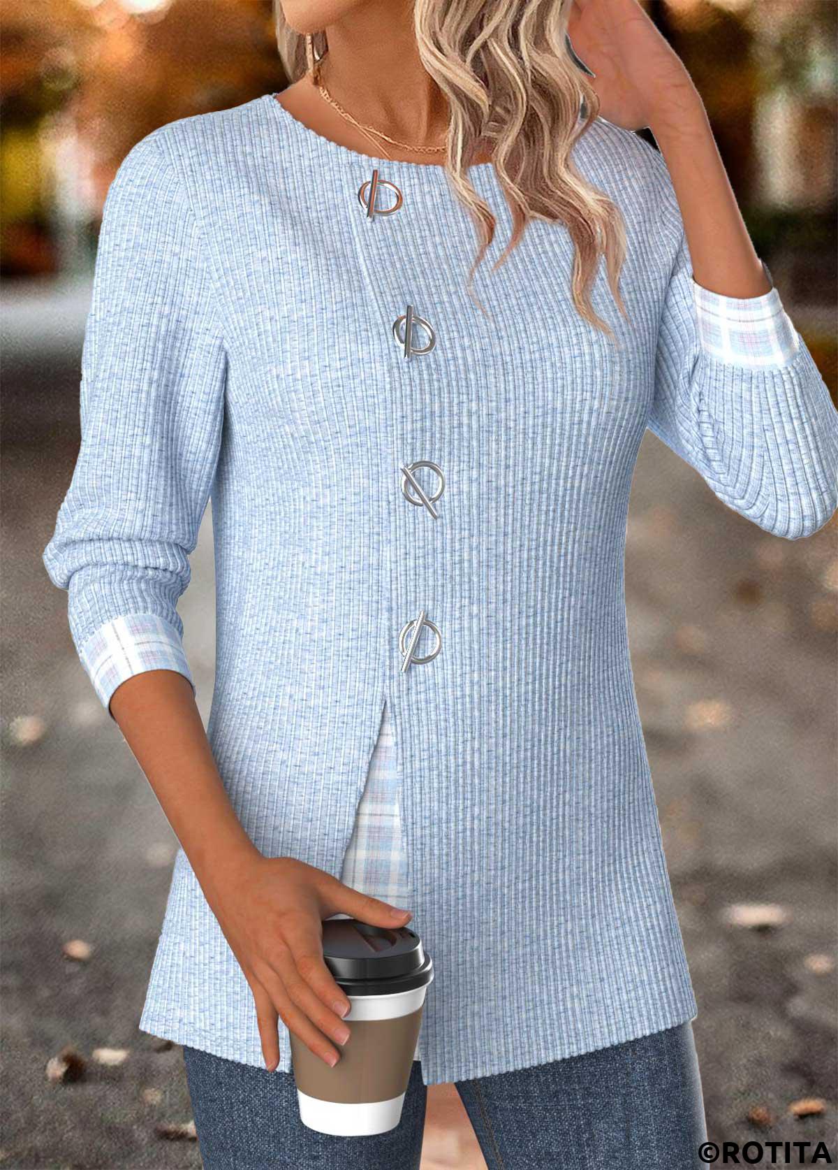 Light Blue tops,Plaid tops,Geometric tops,ROTITA Tummy Coverage Plaid Light Blue Round Neck Blouse