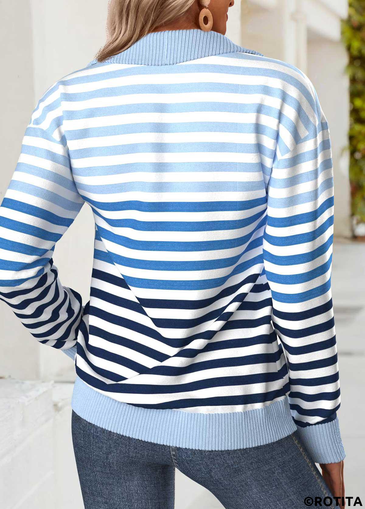 Blue tops,Striped tops,Geometric tops,ROTITA Tummy Coverage Striped Blue Turn Down Collar Sweatshirt