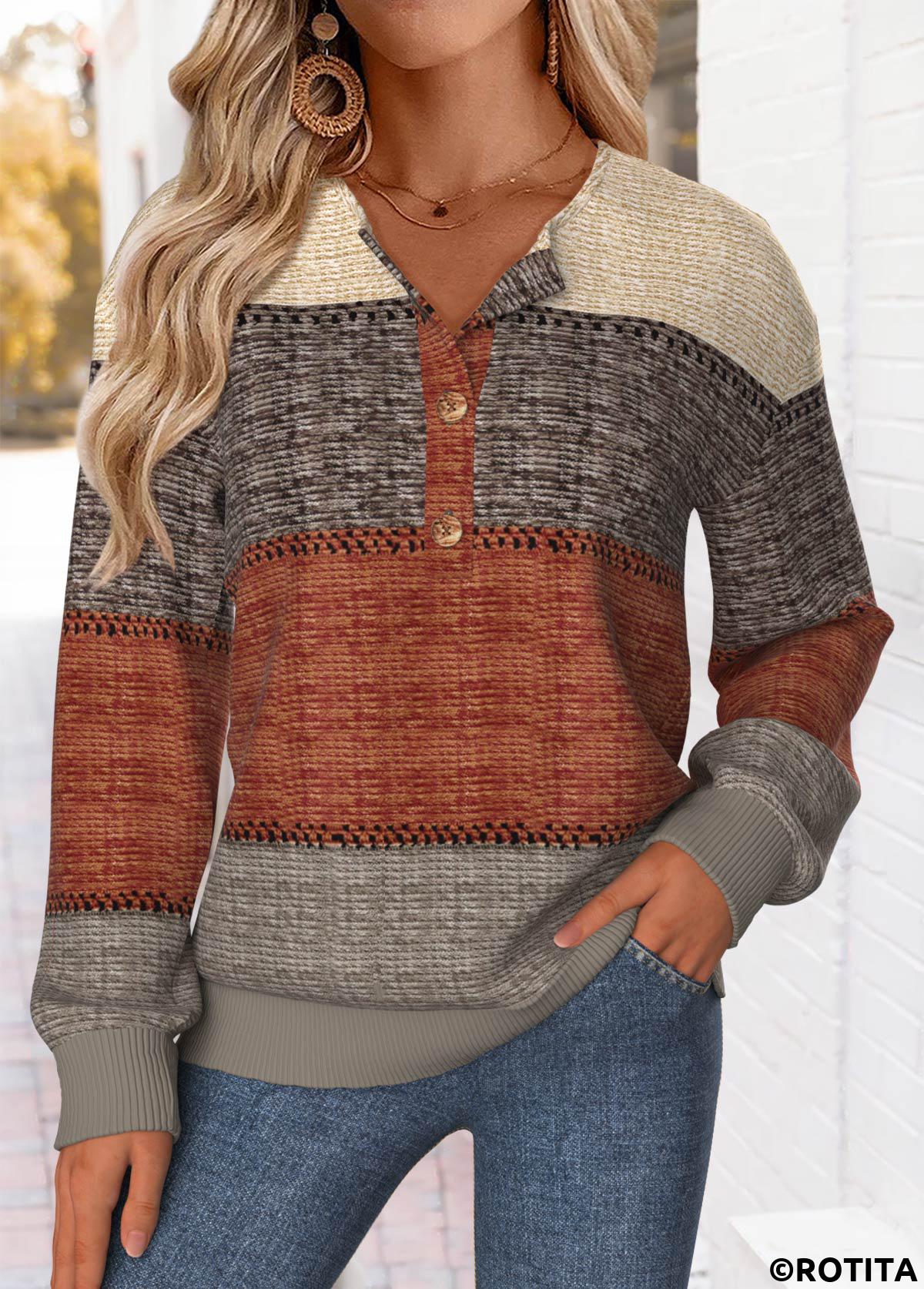 Multi Color tops,Striped tops,Geometric tops,ROTITA Tummy Coverage Striped Multi Color Split Neck Sweatshirt