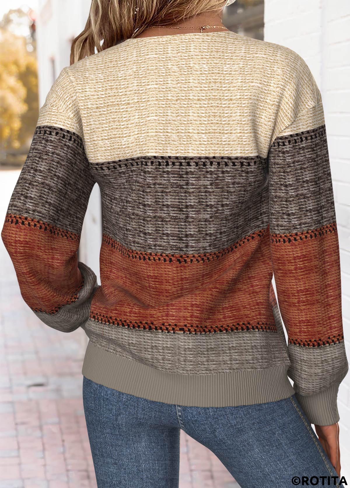 Multi Color tops,Striped tops,Geometric tops,ROTITA Tummy Coverage Striped Multi Color Split Neck Sweatshirt