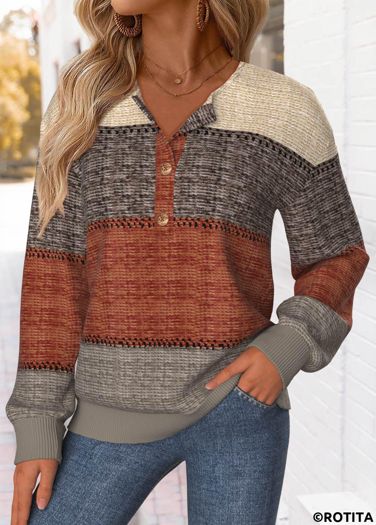 Multi Color tops,Striped tops,Geometric tops,ROTITA Tummy Coverage Striped Multi Color Split Neck Sweatshirt