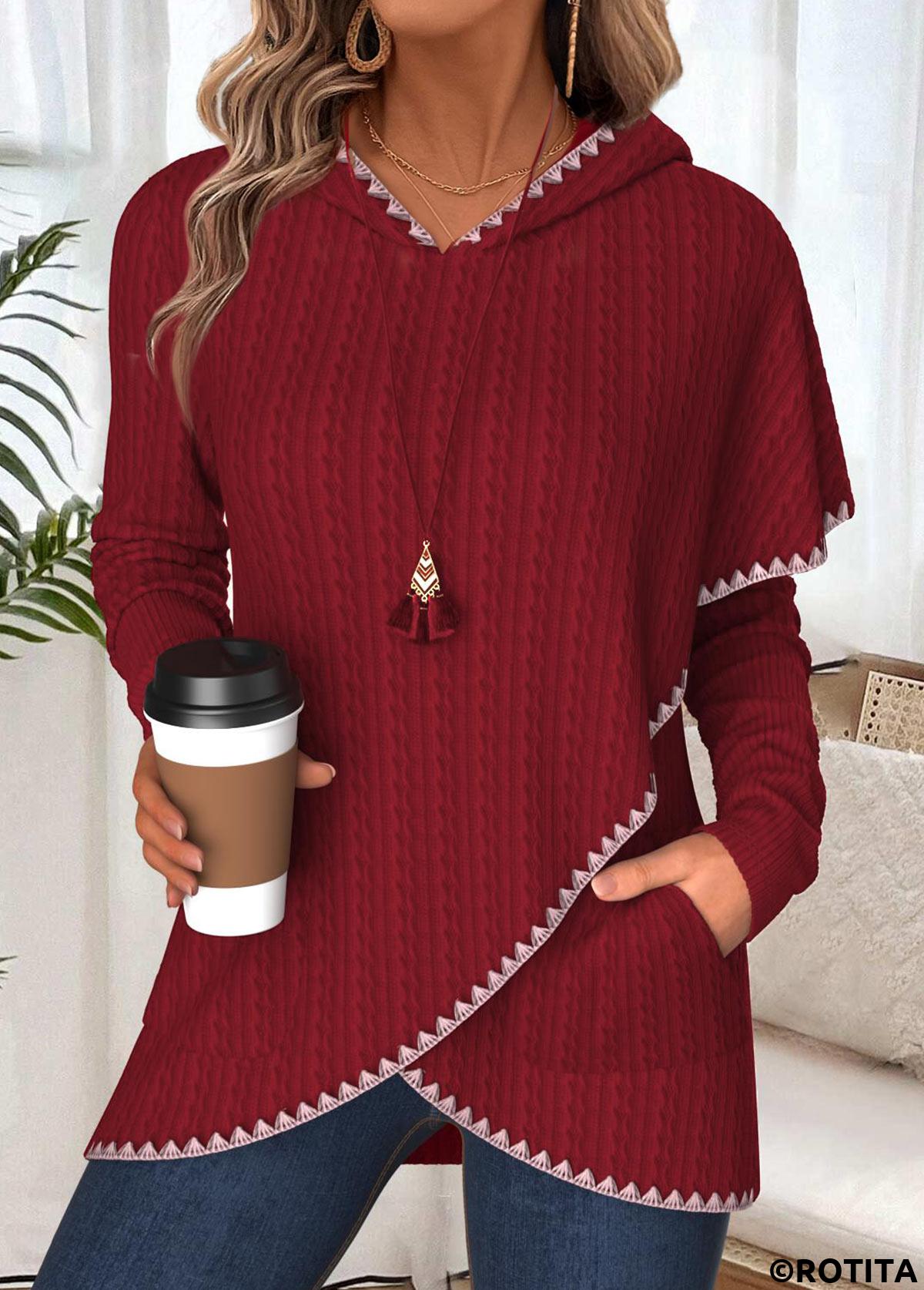 Wine Red tops,Plain Color tops,ROTITA Tummy Coverage Wine Red Long Sleeve Hoodie