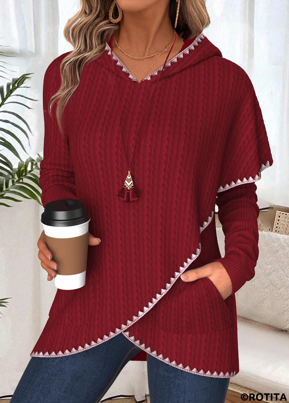 Wine Red tops,Plain Color tops,ROTITA Tummy Coverage Wine Red Long Sleeve Hoodie