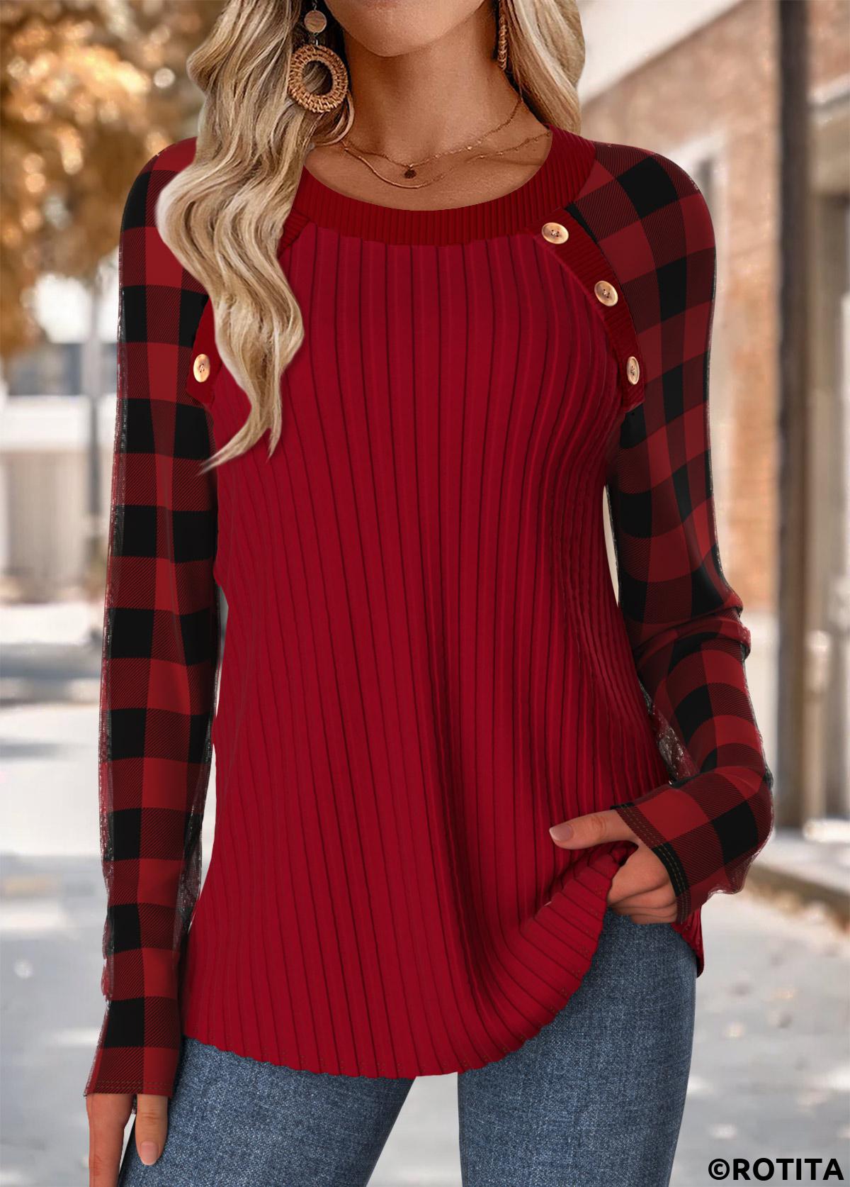 Wine Red tops,Plaid tops,Geometric tops,ROTITA Tummy Coverage Plaid Wine Red Round Neck T Shirt