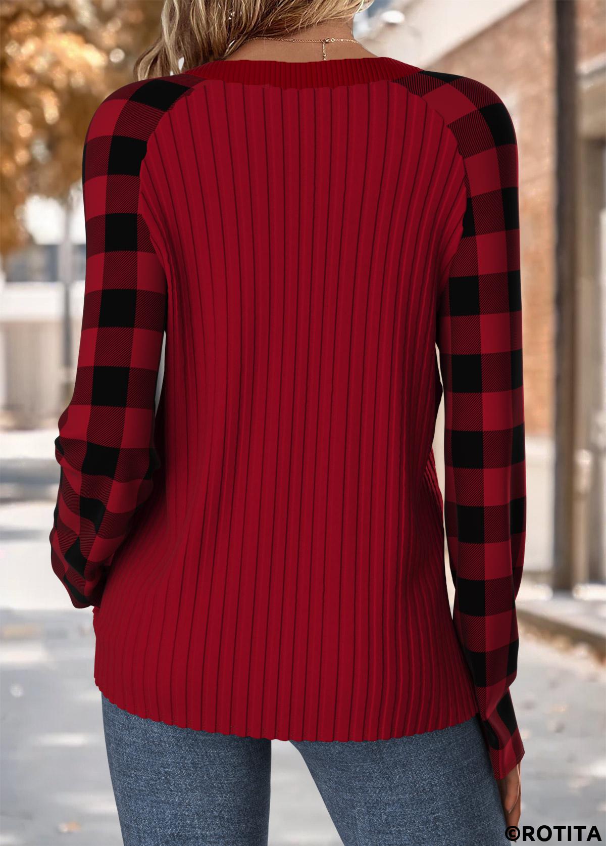 Wine Red tops,Plaid tops,Geometric tops,ROTITA Tummy Coverage Plaid Wine Red Round Neck T Shirt