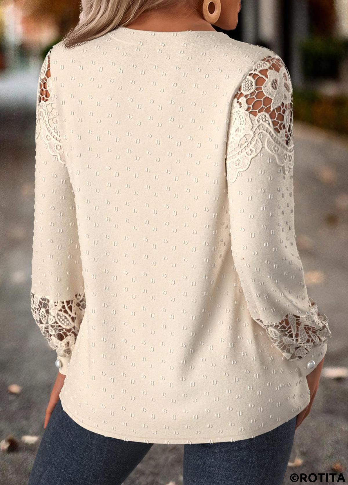 Beige tops,Plain Color tops,ROTITA Tummy Coverage Beige Split Neck Long Sleeve Blouse