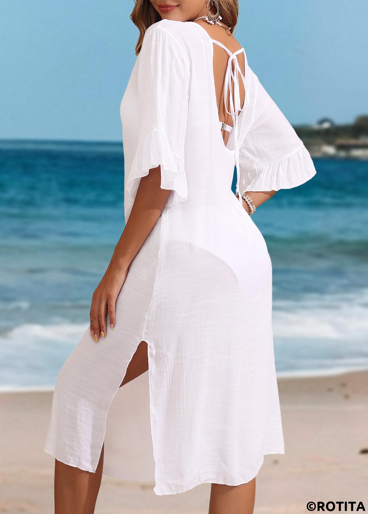 White swimwear,Plain Color swimwear,Ruffle V Neck White Split Cover Up