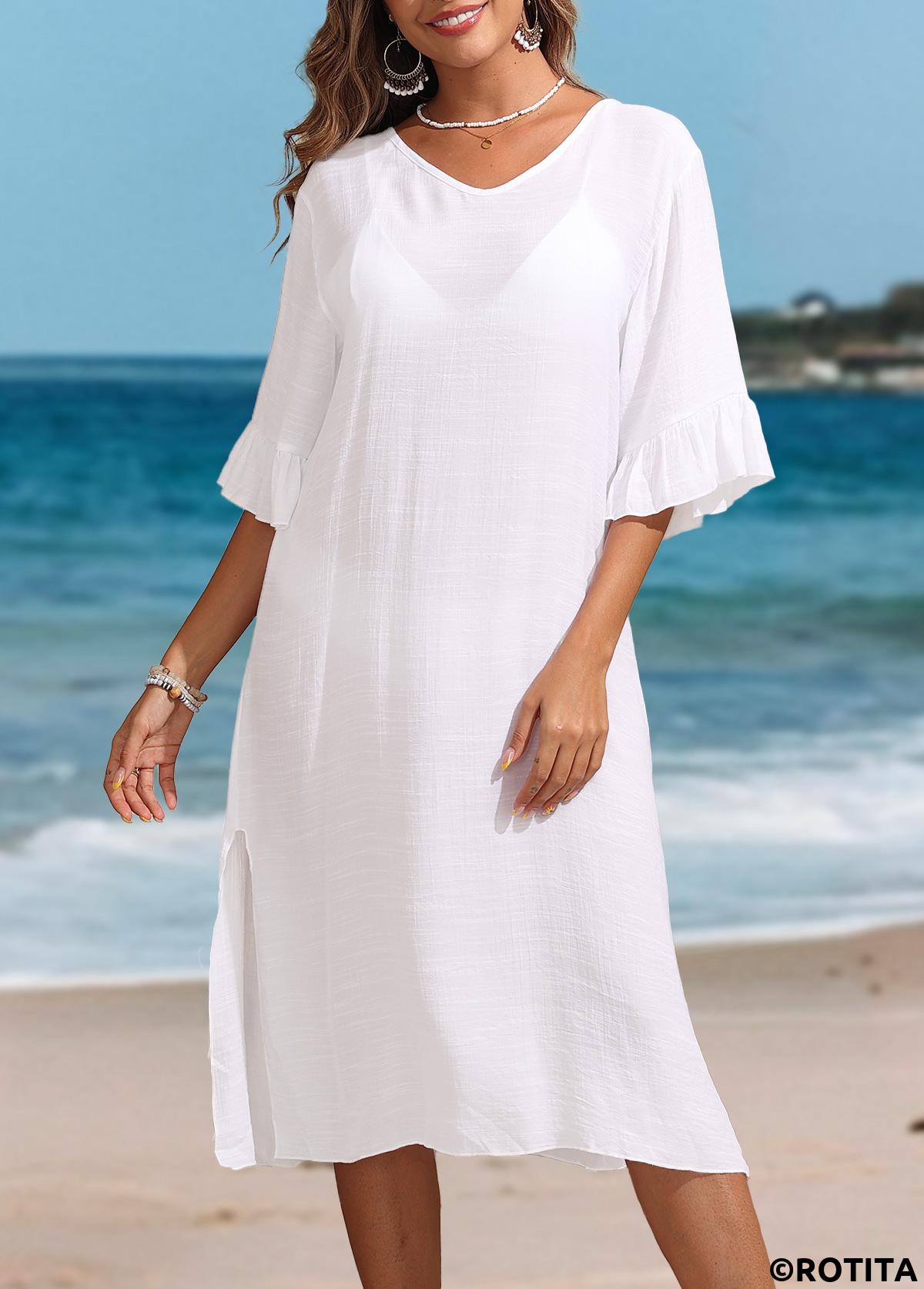 White swimwear,Plain Color swimwear,Ruffle V Neck White Split Cover Up