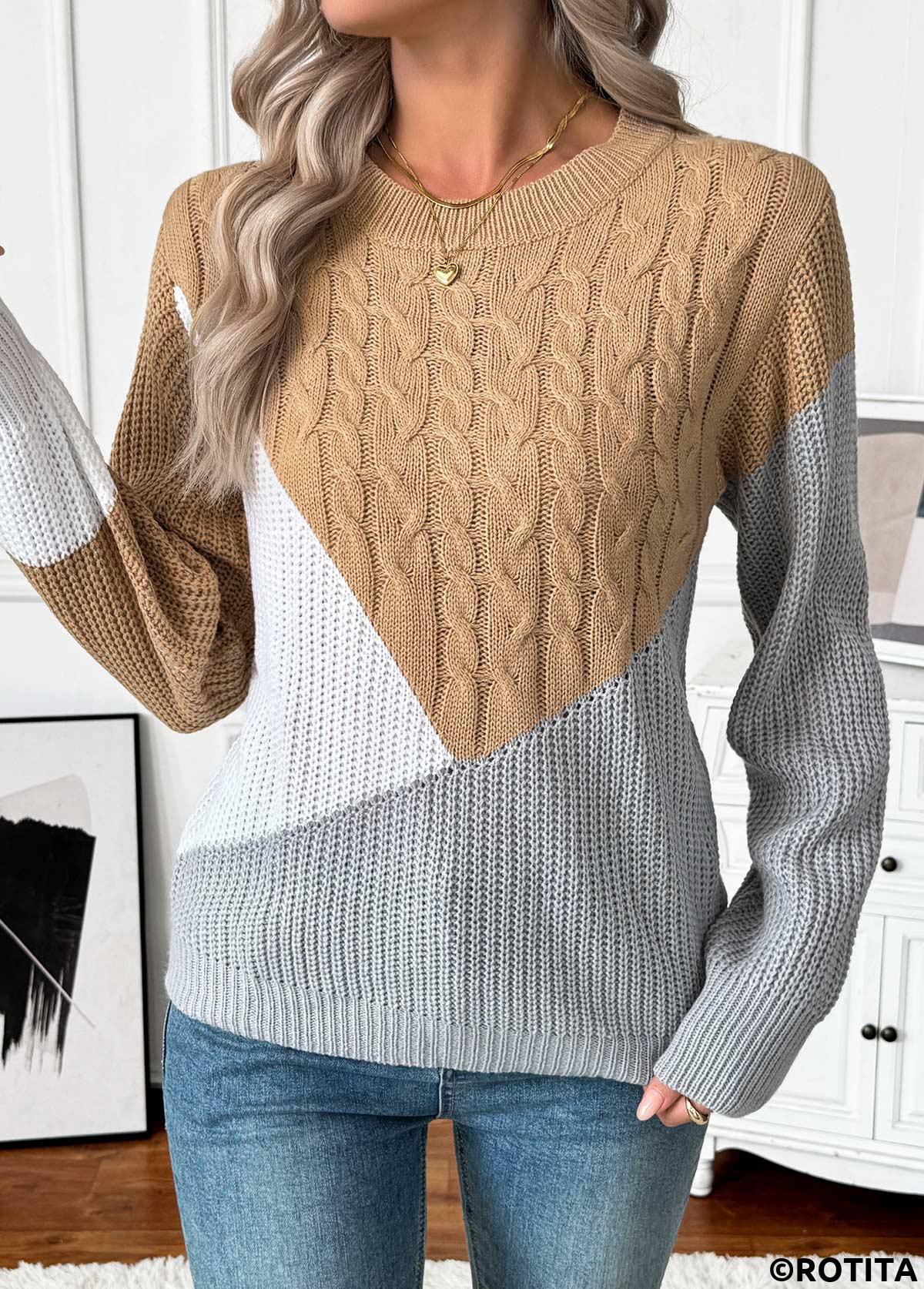 Dark Camel tops,Contrast Color tops,Tummy Coverage Dark Camel Round Neck Long Sleeve Sweater