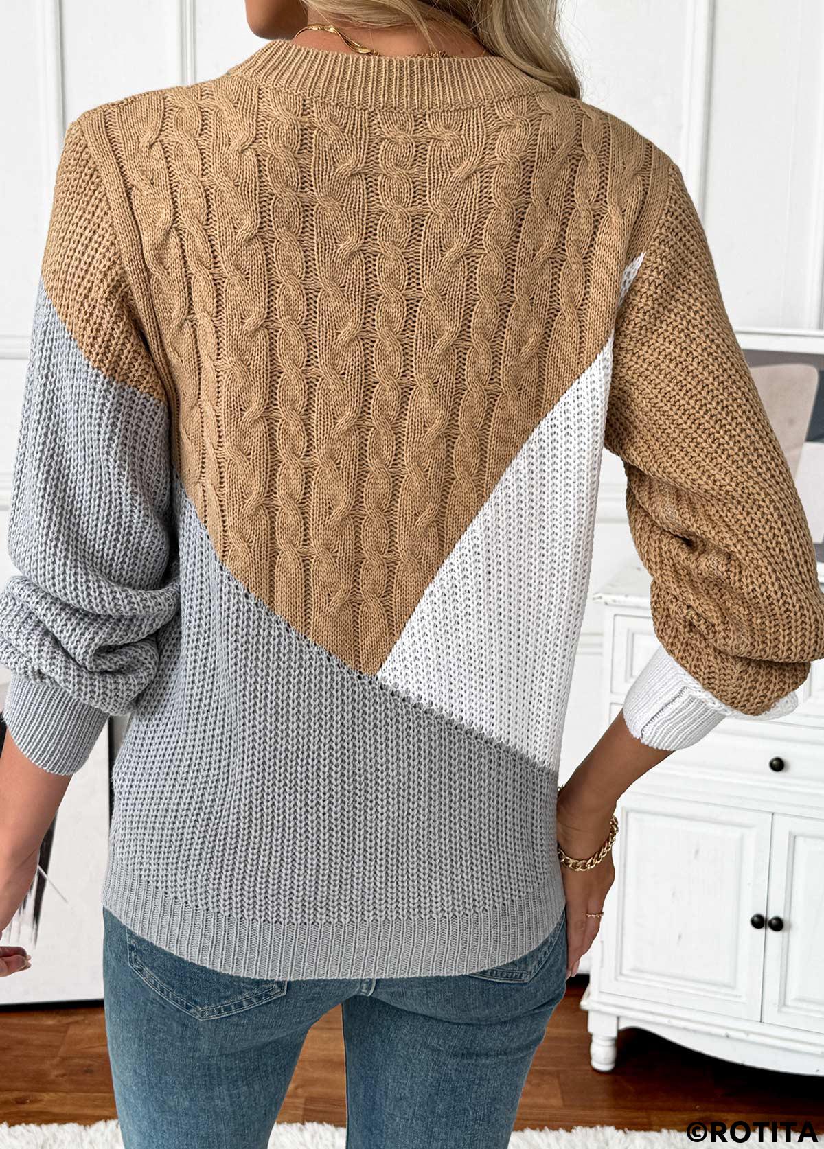 Dark Camel tops,Contrast Color tops,Tummy Coverage Dark Camel Round Neck Long Sleeve Sweater