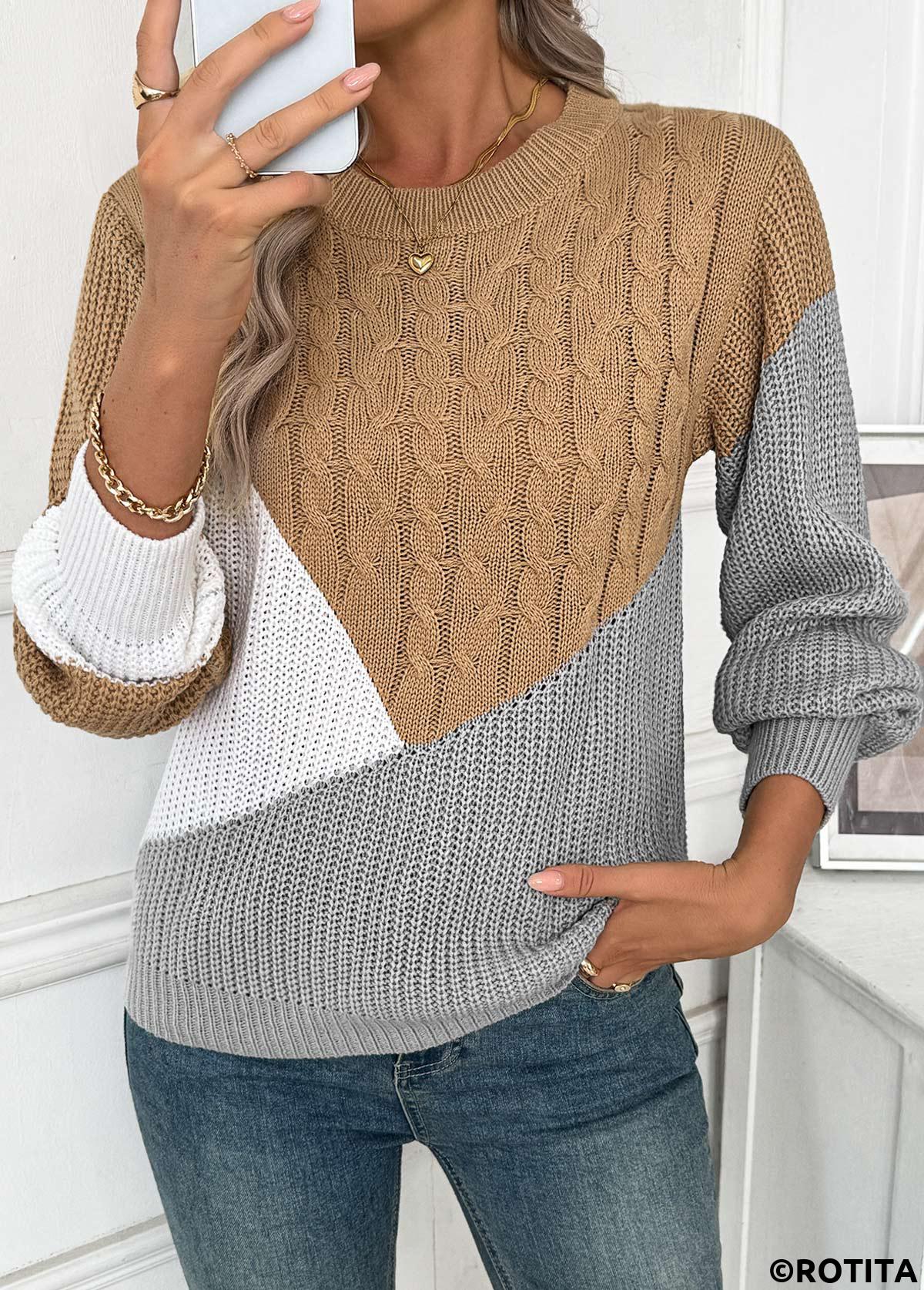 Dark Camel tops,Contrast Color tops,Tummy Coverage Dark Camel Round Neck Long Sleeve Sweater