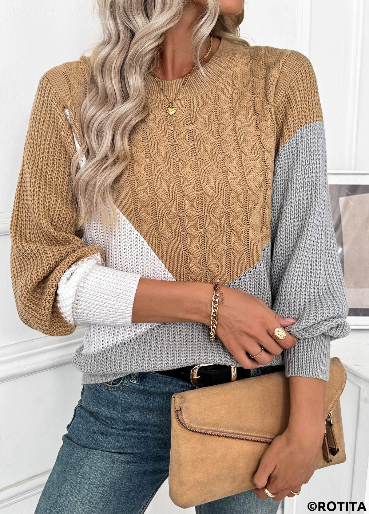 Dark Camel tops,Contrast Color tops,Tummy Coverage Dark Camel Round Neck Long Sleeve Sweater