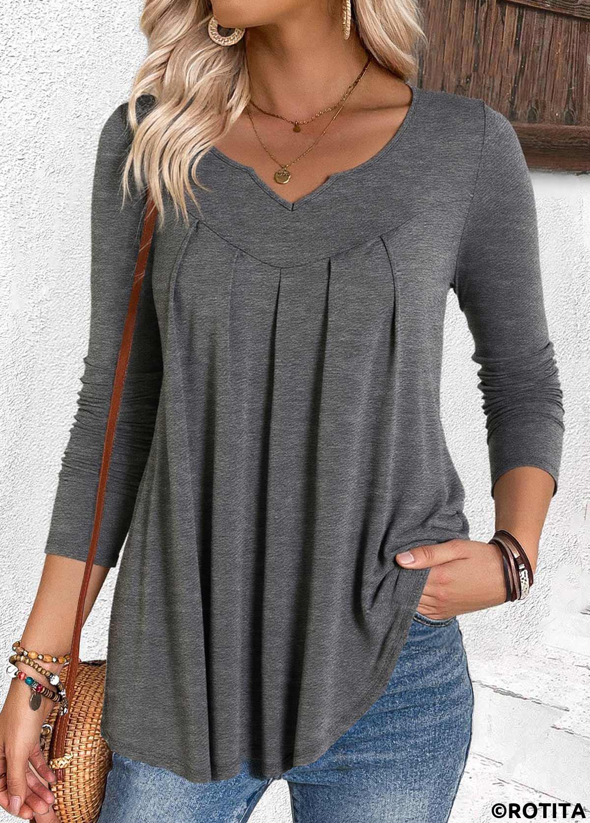 Grey tops,Plain Color tops,ROTITA Pleated Grey Split Neck Long Sleeve T Shirt
