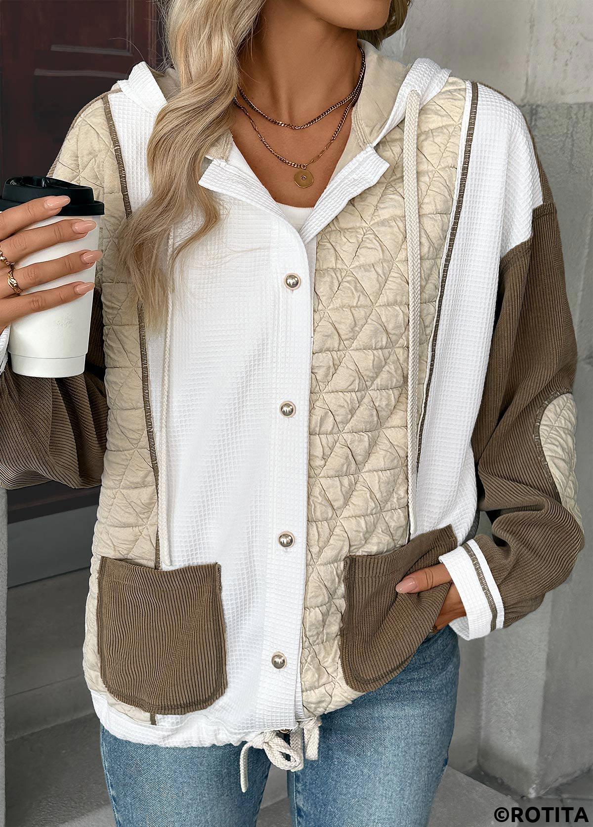 Light Coffee tops,Contrast Color tops,ROTITA Tummy Coverage Light Coffee Hooded Long Sleeve Coat