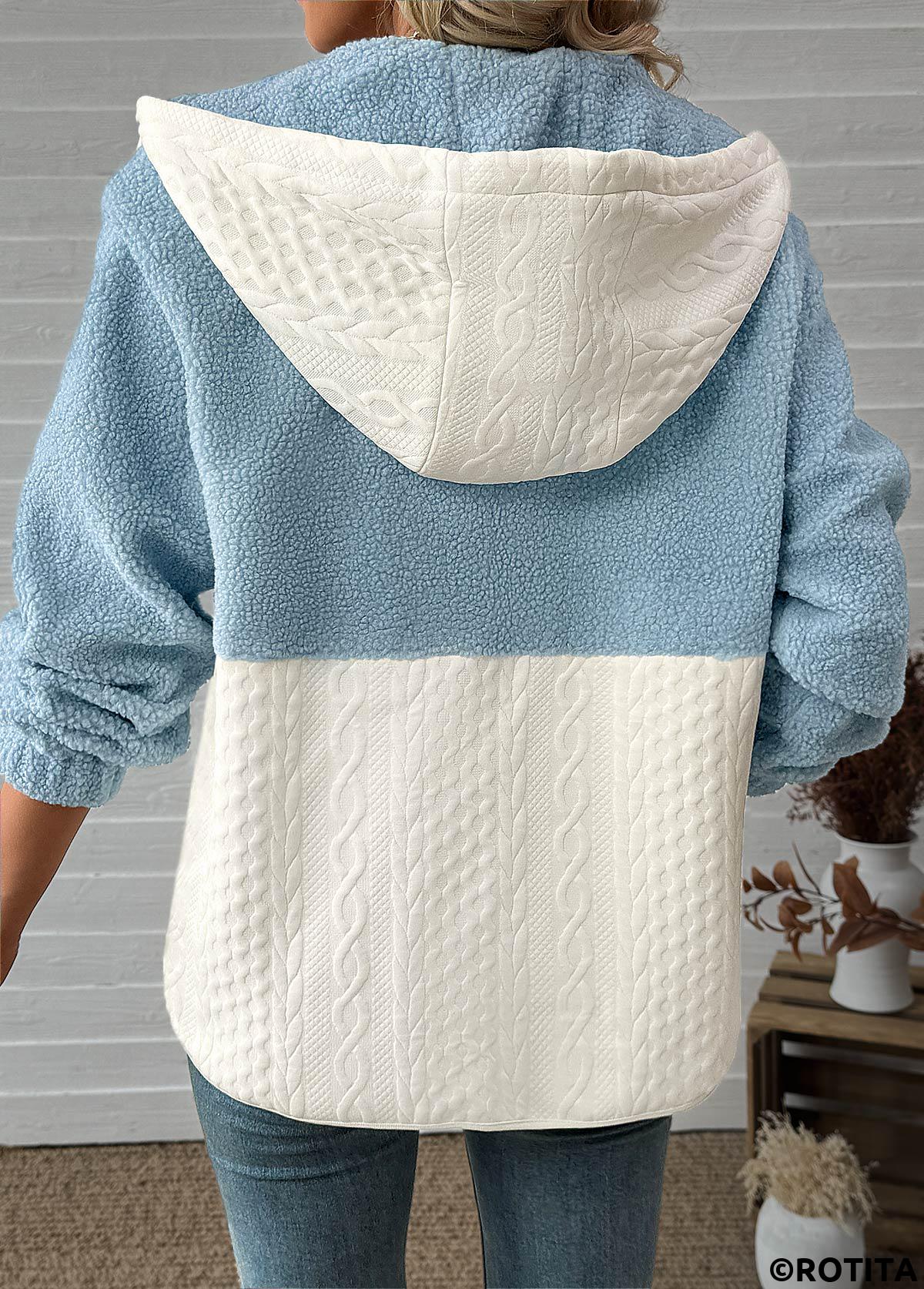 Light Blue tops,Contrast Color tops,ROTITA Tummy Coverage Light Blue Hooded Long Sleeve Coat