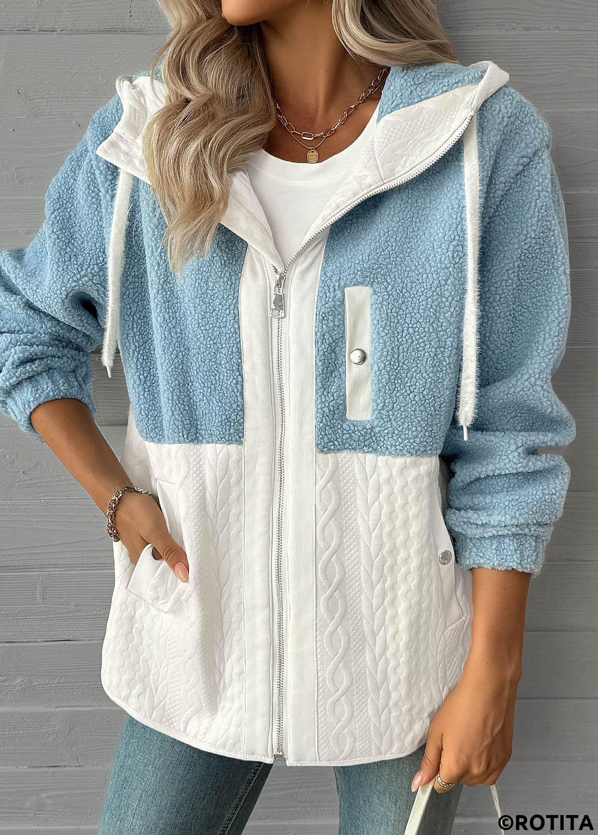 Light Blue tops,Contrast Color tops,ROTITA Tummy Coverage Light Blue Hooded Long Sleeve Coat