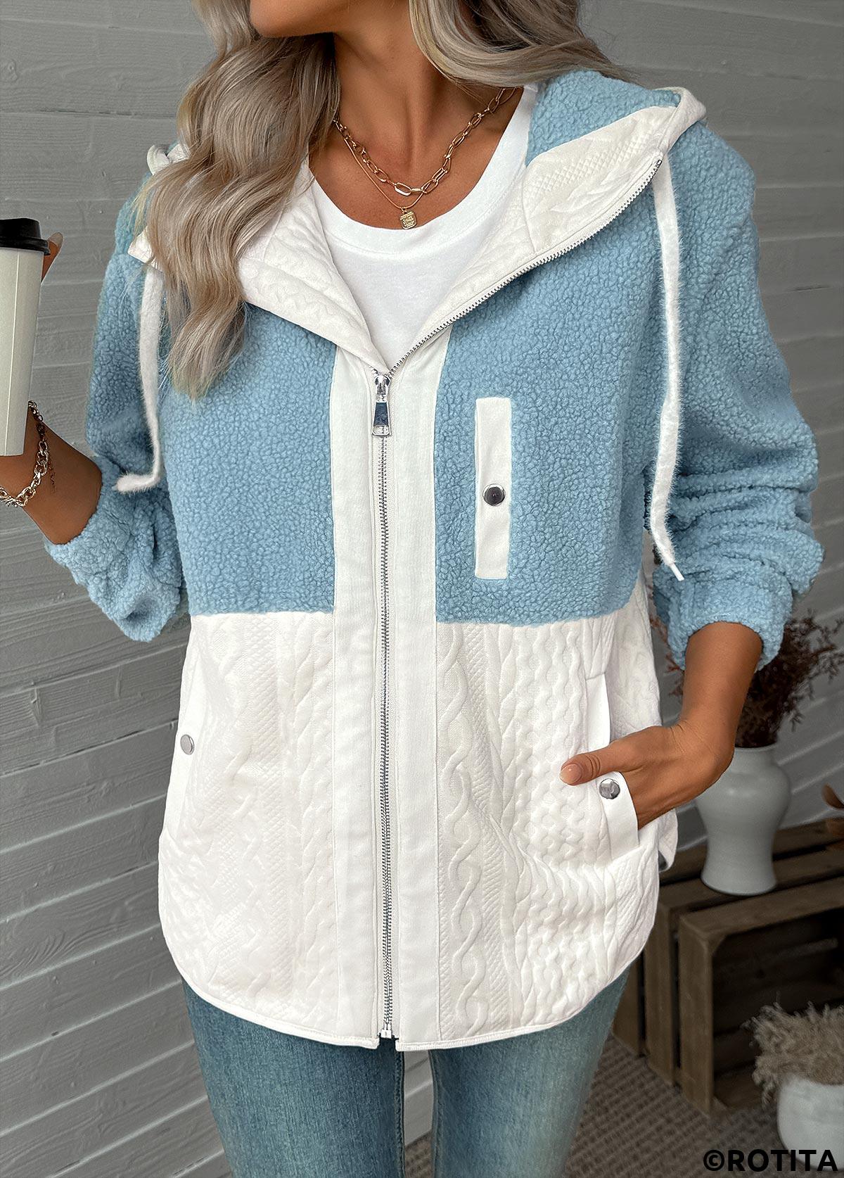 Light Blue tops,Contrast Color tops,ROTITA Tummy Coverage Light Blue Hooded Long Sleeve Coat