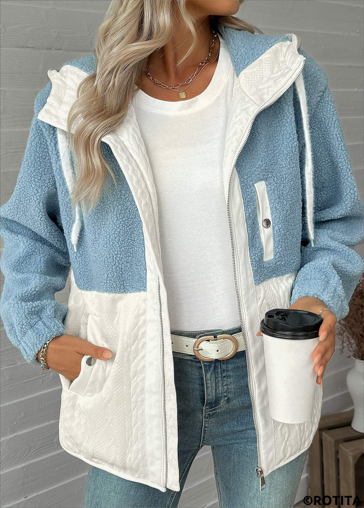 Light Blue tops,Contrast Color tops,ROTITA Tummy Coverage Light Blue Hooded Long Sleeve Coat