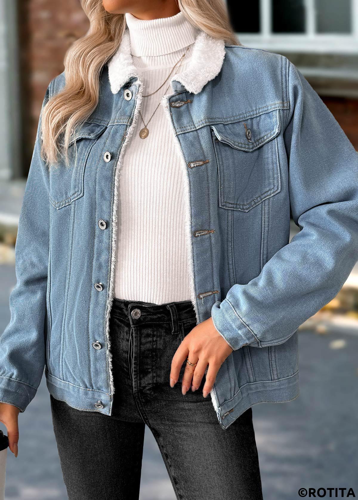 Denim Blue tops,Plain Color tops,Tummy Coverage Denim Blue Turn Down Collar Coat