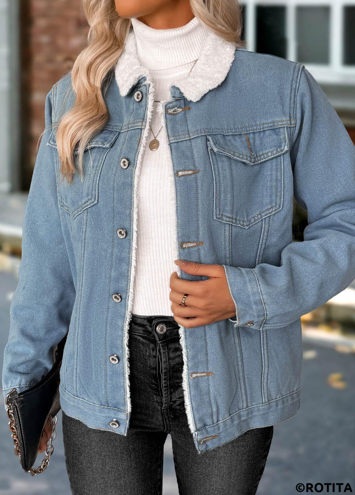 Denim Blue tops,Plain Color tops,Tummy Coverage Denim Blue Turn Down Collar Coat