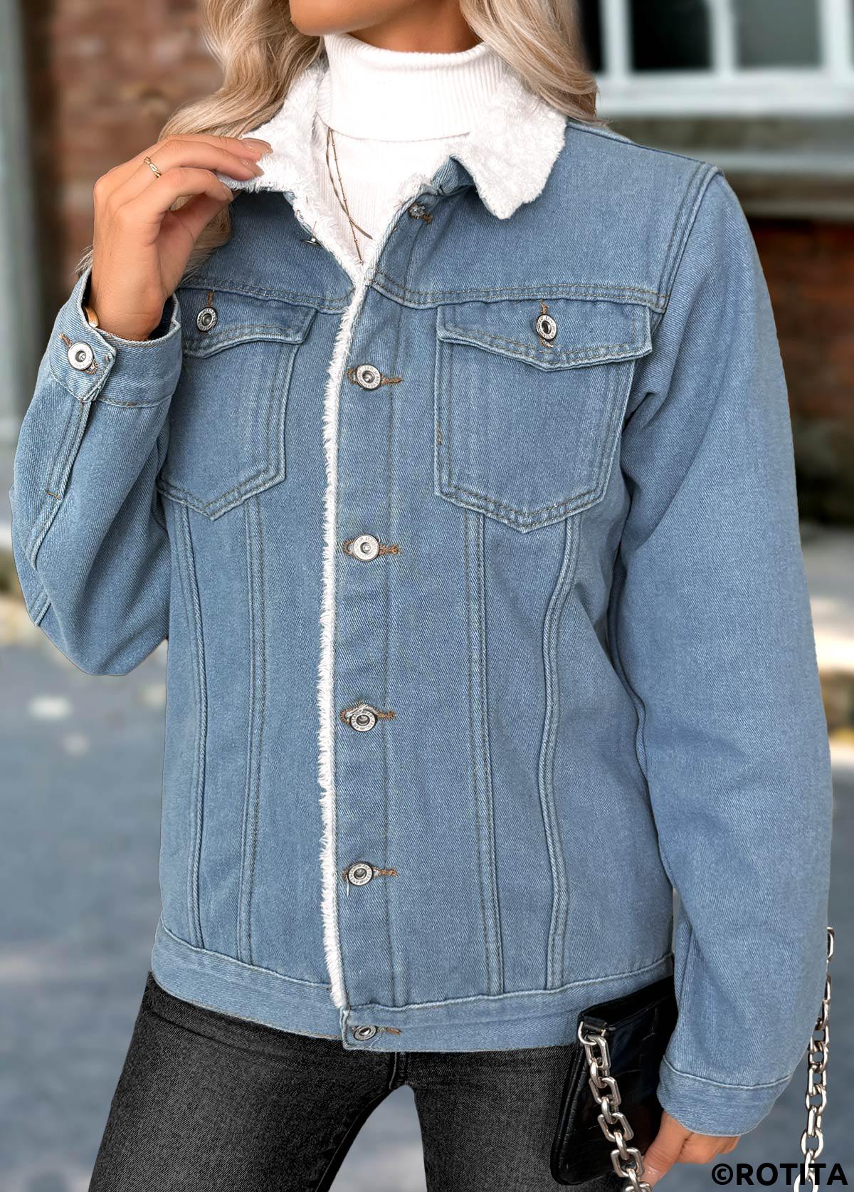Denim Blue tops,Plain Color tops,Tummy Coverage Denim Blue Turn Down Collar Coat