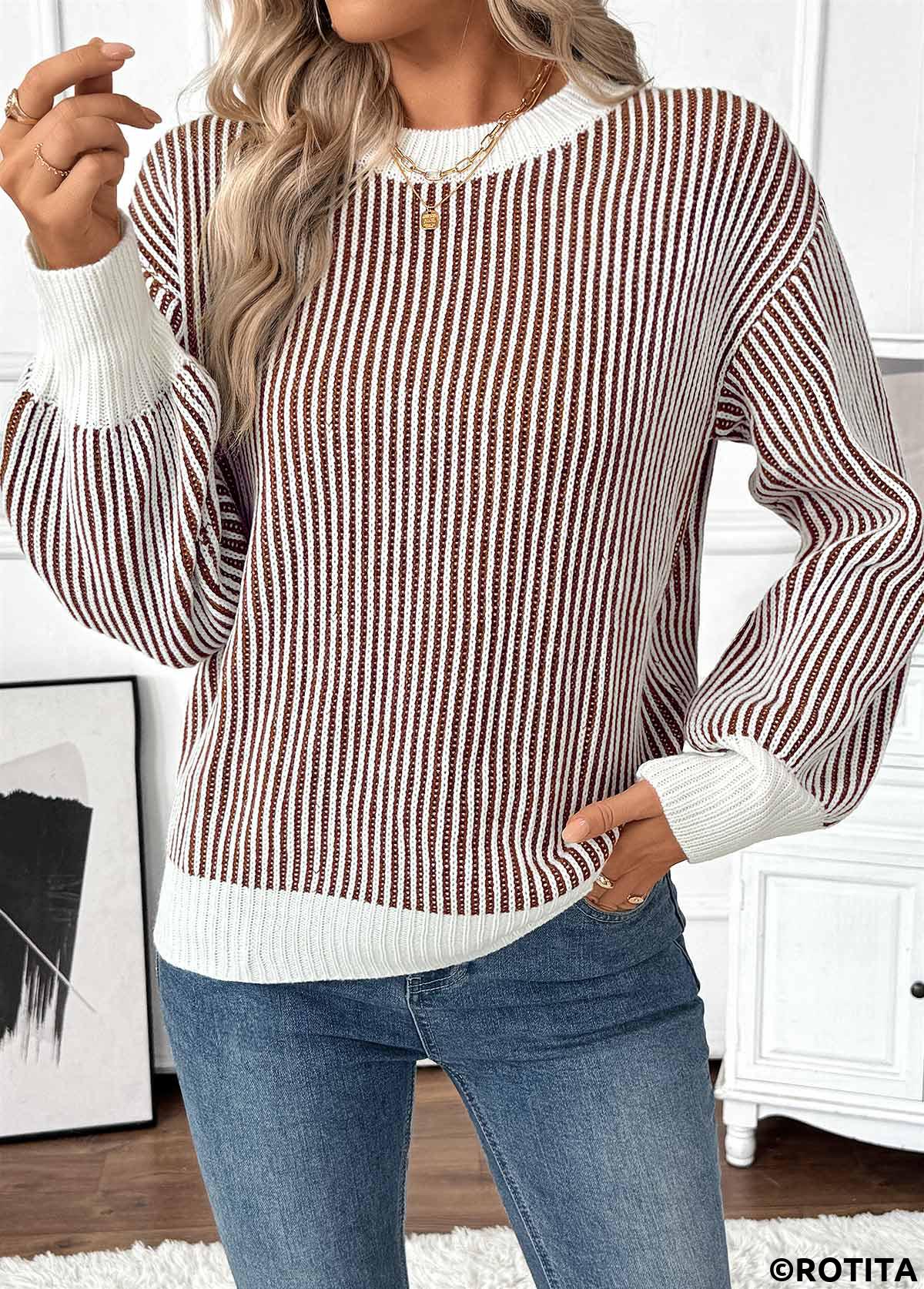 Dark Coffee tops,Contrast Color tops,Tummy Coverage Dark Coffee Round Neck Long Sleeve Sweater