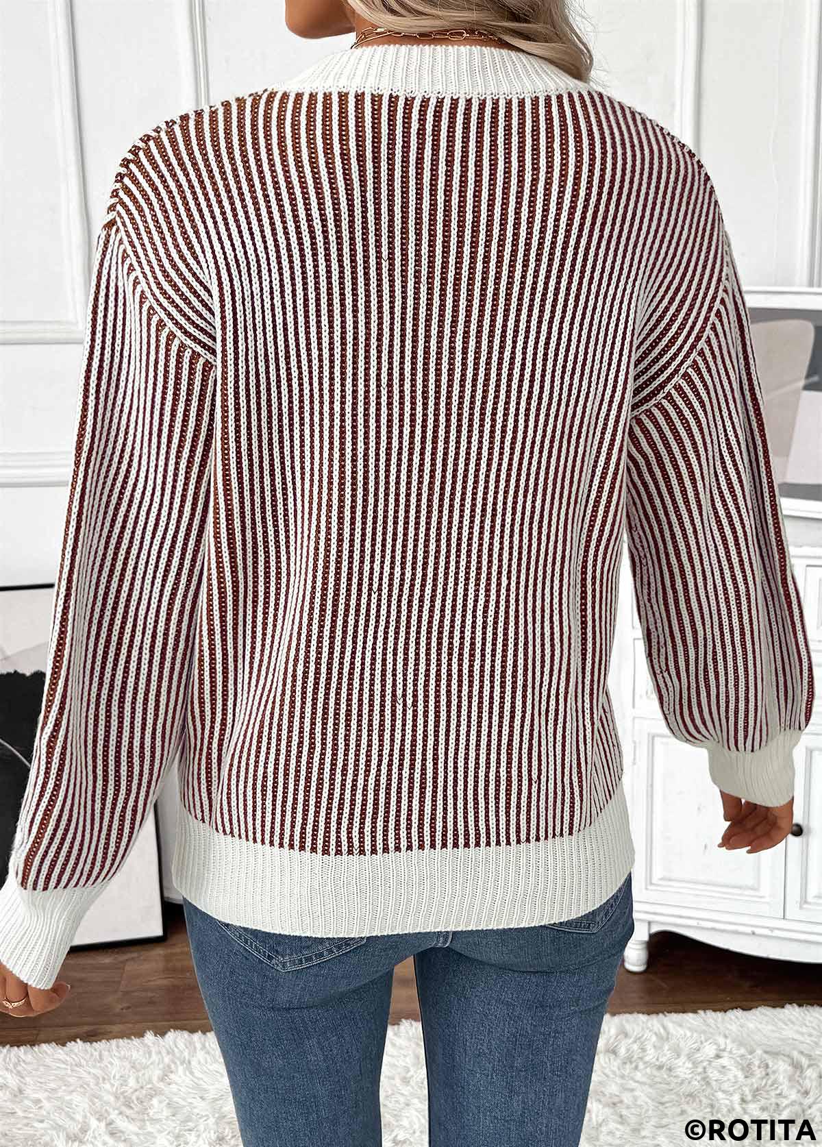 Dark Coffee tops,Contrast Color tops,Tummy Coverage Dark Coffee Round Neck Long Sleeve Sweater