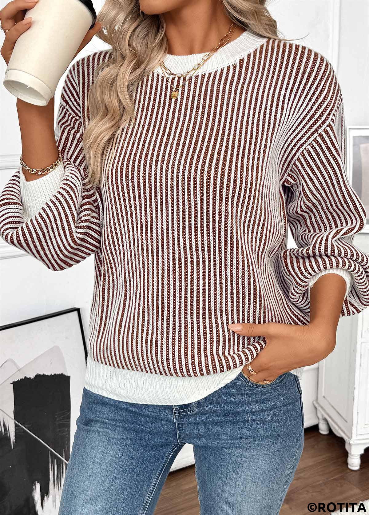 Dark Coffee tops,Contrast Color tops,Tummy Coverage Dark Coffee Round Neck Long Sleeve Sweater