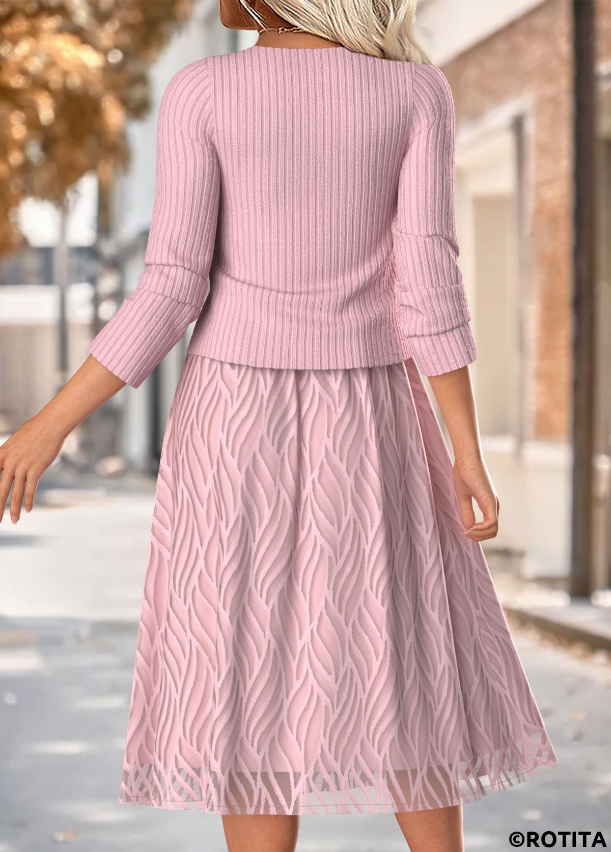Pink dresses,Plain Color dresses,Everyday dresses,Casual dresses,ROTITA Tummy Coverage Pink Round Neck Dress and Cardigan