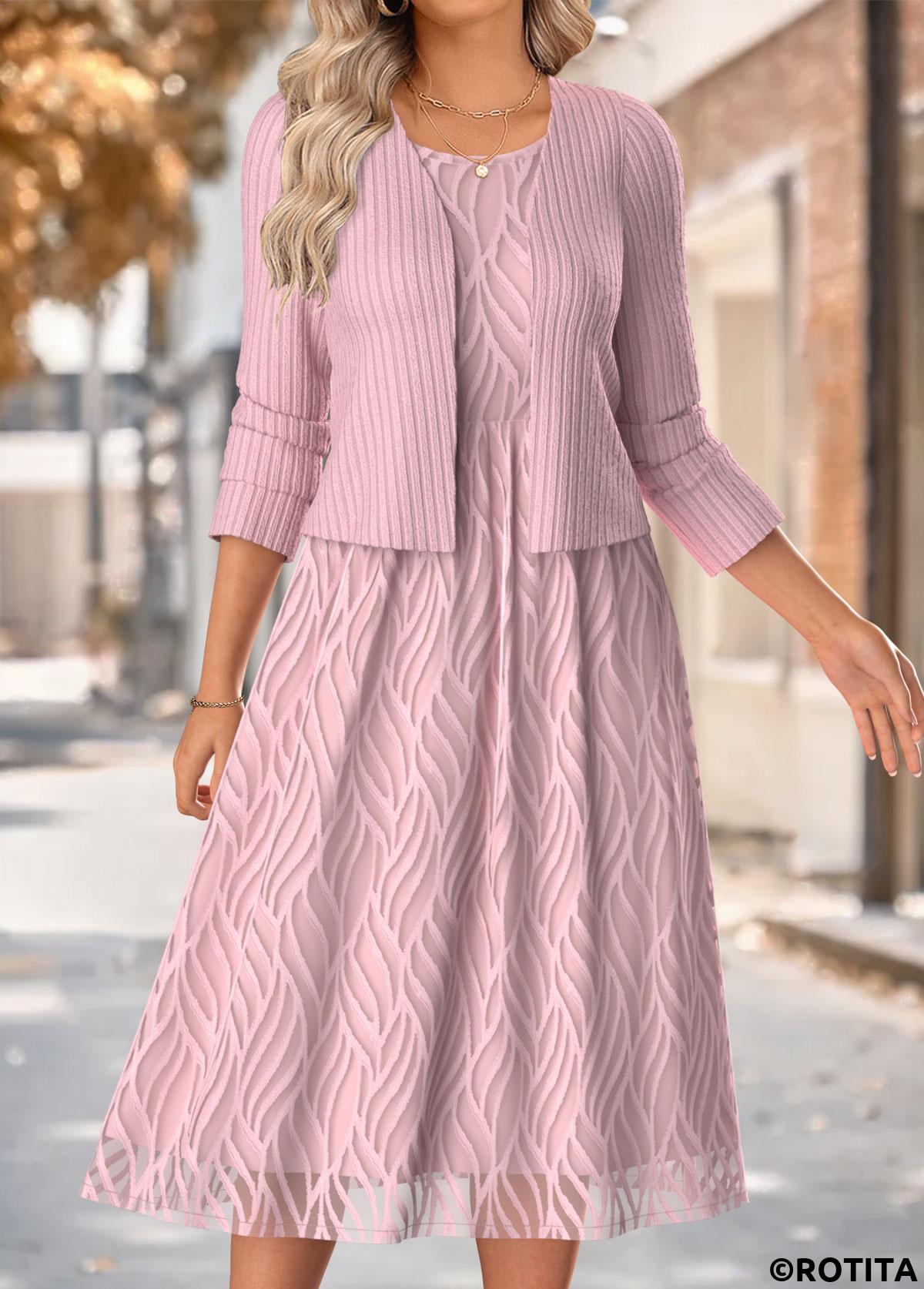 Pink dresses,Plain Color dresses,Everyday dresses,Casual dresses,ROTITA Tummy Coverage Pink Round Neck Dress and Cardigan