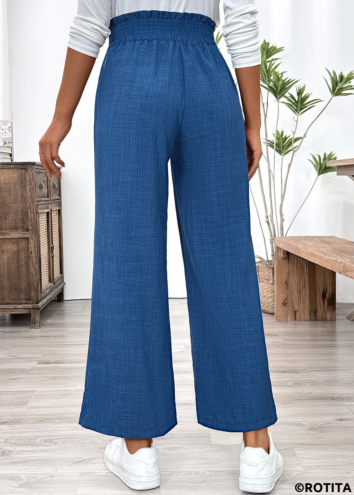 Blue bottoms,Plain Color bottoms,Blue Wide Leg Elastic Waist High Waisted Pants