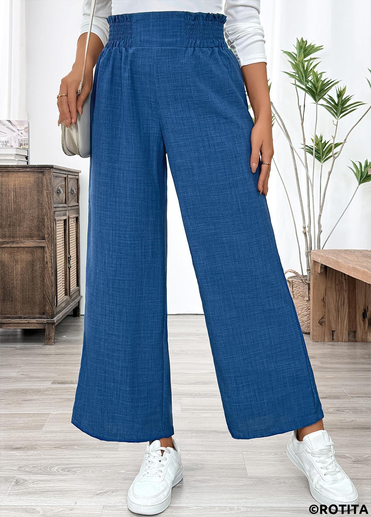 Blue bottoms,Plain Color bottoms,Blue Wide Leg Elastic Waist High Waisted Pants