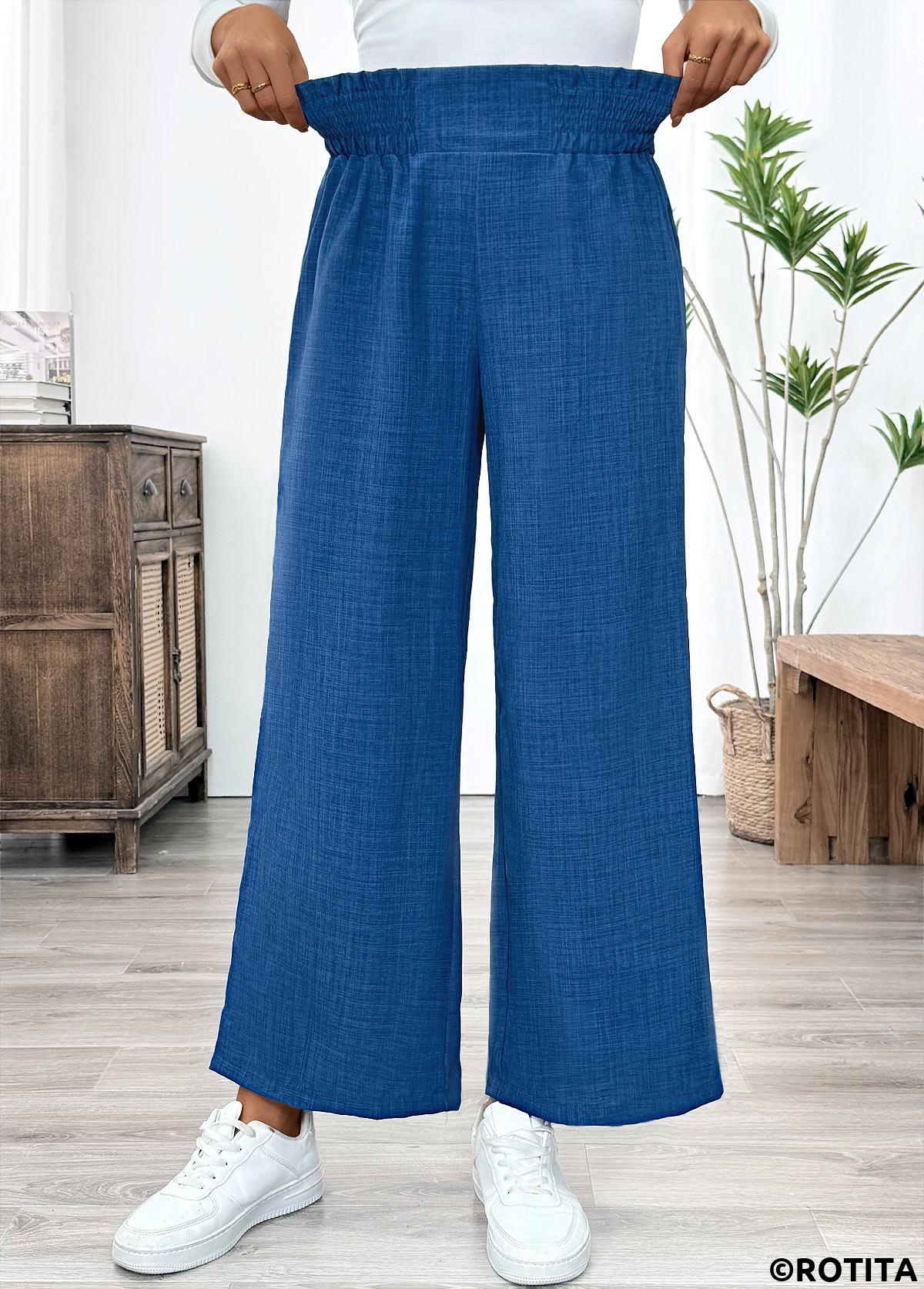 Blue bottoms,Plain Color bottoms,Blue Wide Leg Elastic Waist High Waisted Pants