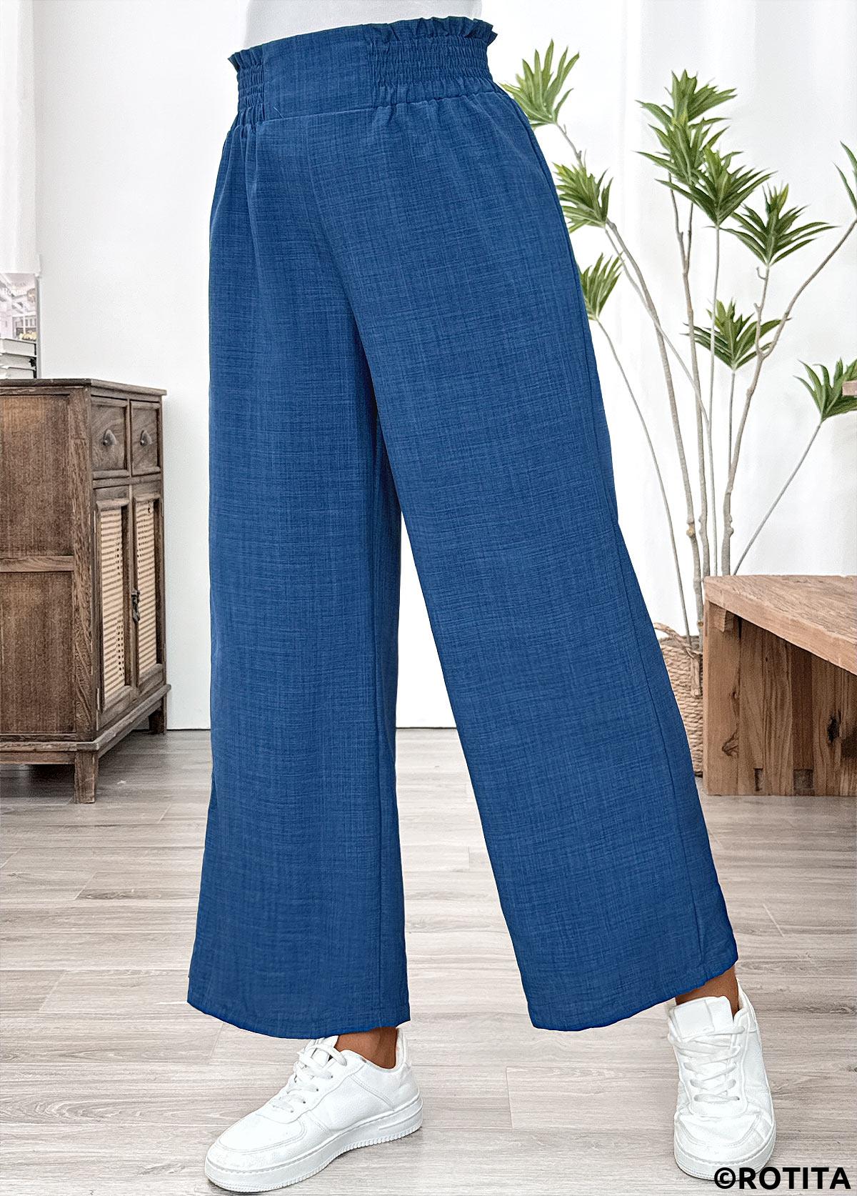 Blue bottoms,Plain Color bottoms,Blue Wide Leg Elastic Waist High Waisted Pants