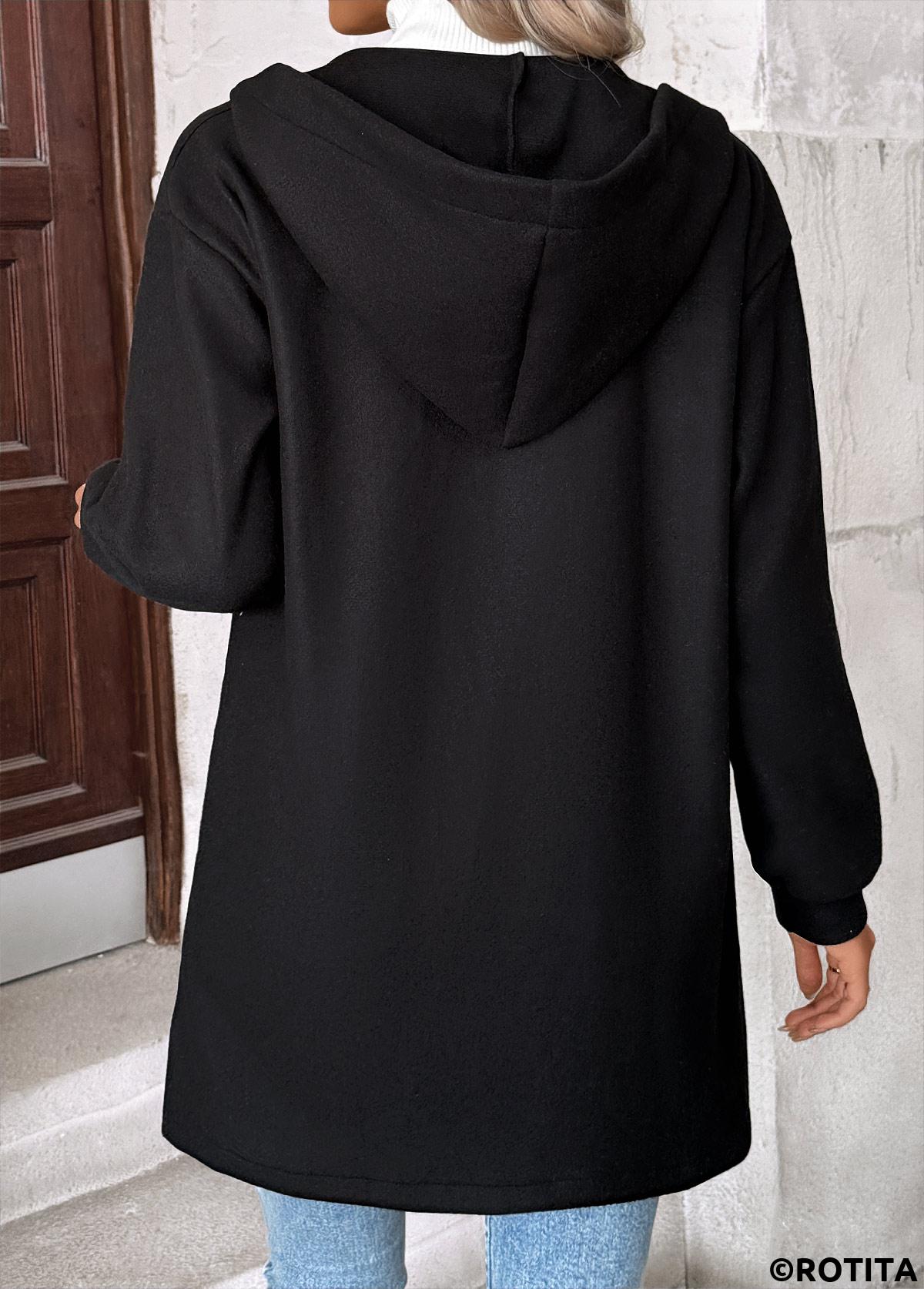 Black tops,Plain Color tops,Tummy Coverage Black Hooded Long Sleeve Coat
