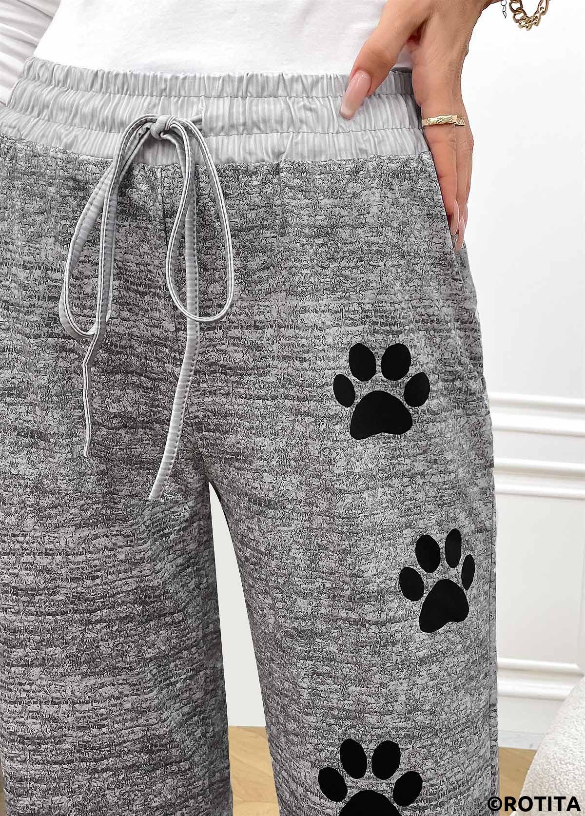 Grey bottoms,Animal Print bottoms,Animal Print Grey Straight Leg Elastic Waist Pants