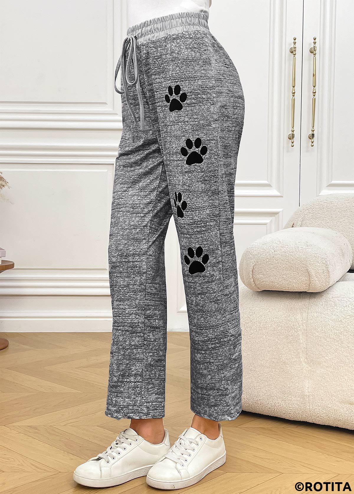 Grey bottoms,Animal Print bottoms,Animal Print Grey Straight Leg Elastic Waist Pants