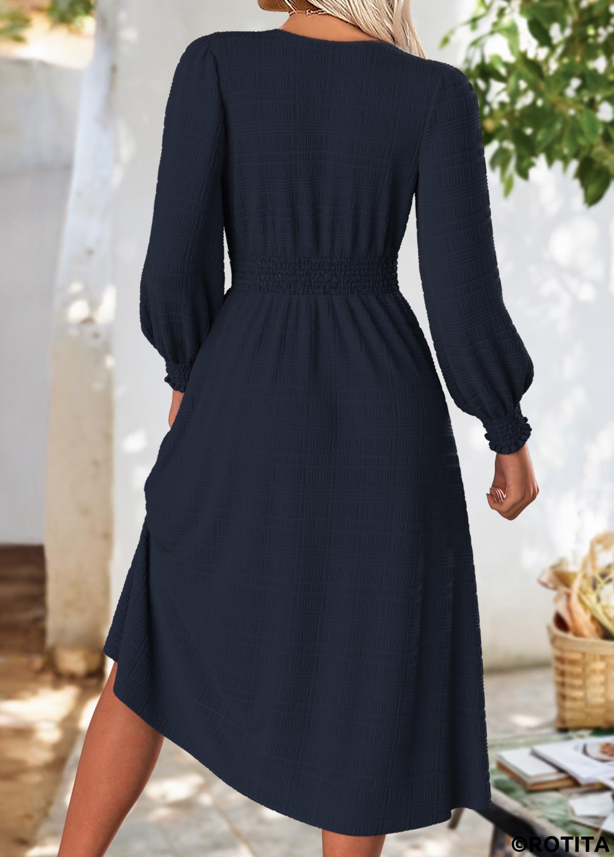 Navy dresses,Plain Color dresses,Casual dresses,ROTITA Tummy Coverage Navy V Neck Long Sleeve Dress