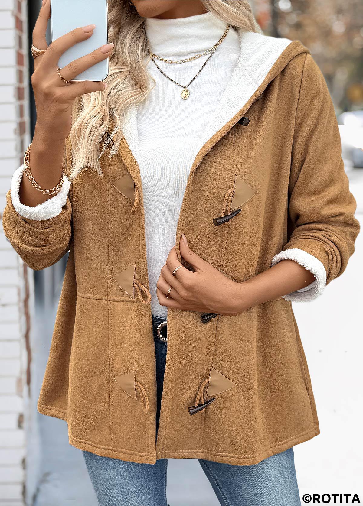 Dark Camel tops,Plain Color tops,Tummy Coverage Dark Camel Hooded Long Sleeve Coat