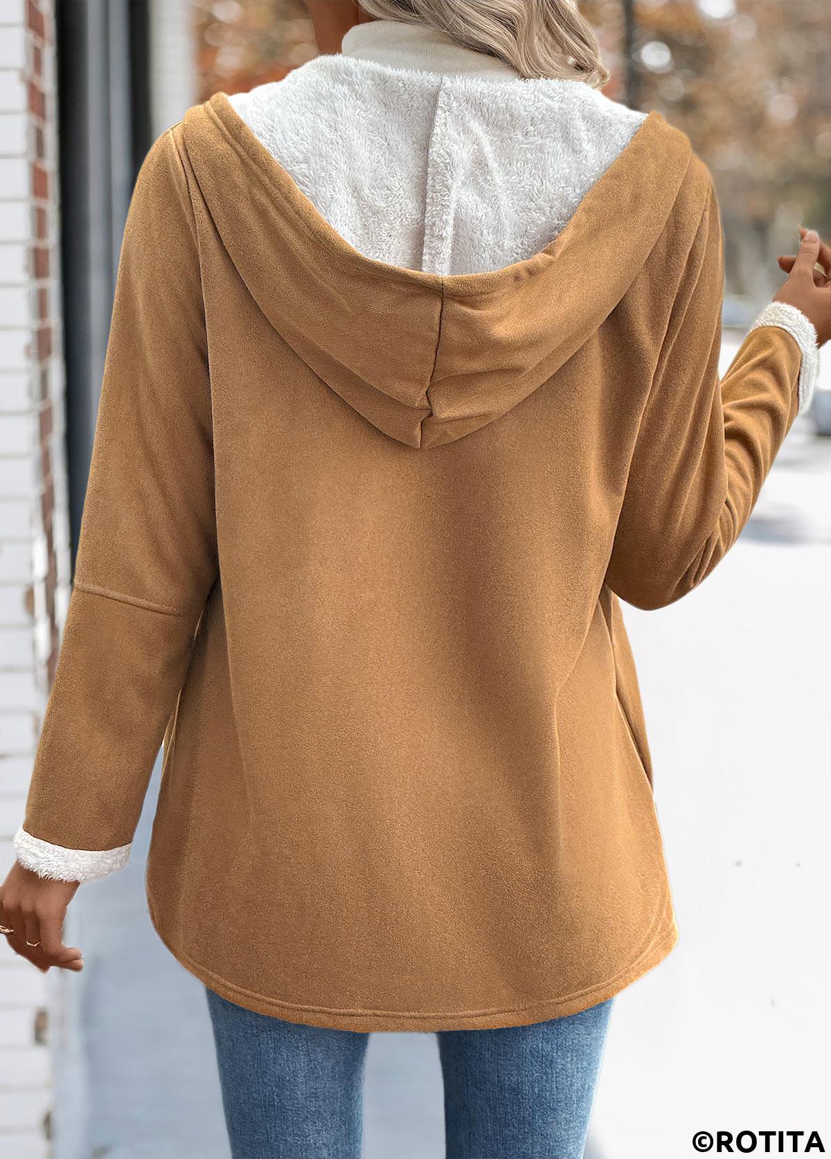 Dark Camel tops,Plain Color tops,Tummy Coverage Dark Camel Hooded Long Sleeve Coat