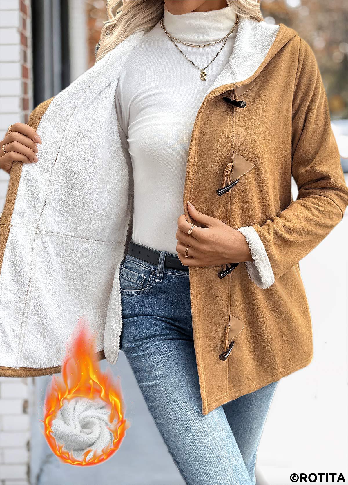 Dark Camel tops,Plain Color tops,Tummy Coverage Dark Camel Hooded Long Sleeve Coat