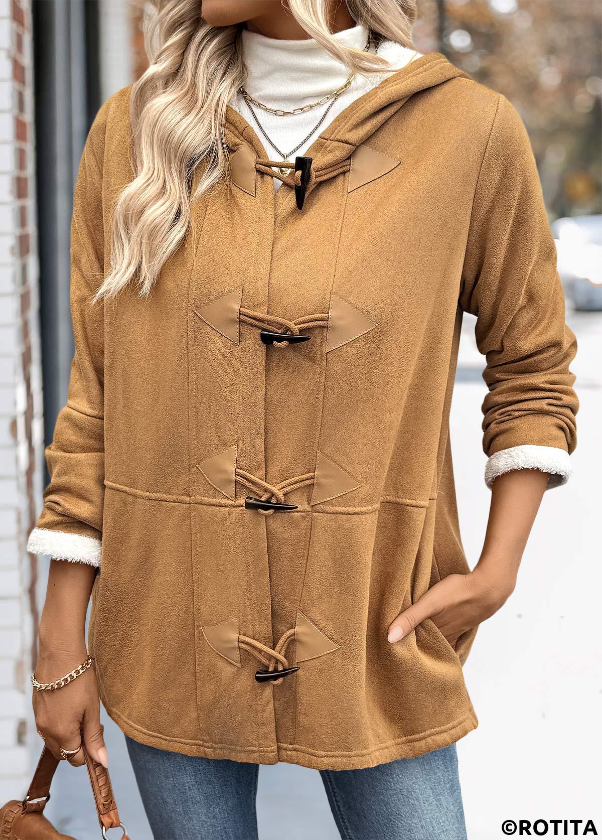 Dark Camel tops,Plain Color tops,Tummy Coverage Dark Camel Hooded Long Sleeve Coat