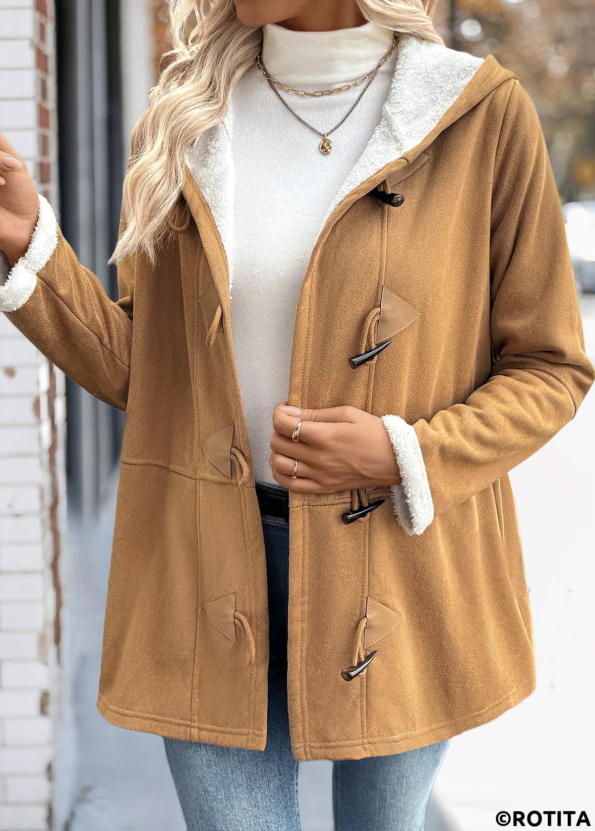 Dark Camel tops,Plain Color tops,Tummy Coverage Dark Camel Hooded Long Sleeve Coat