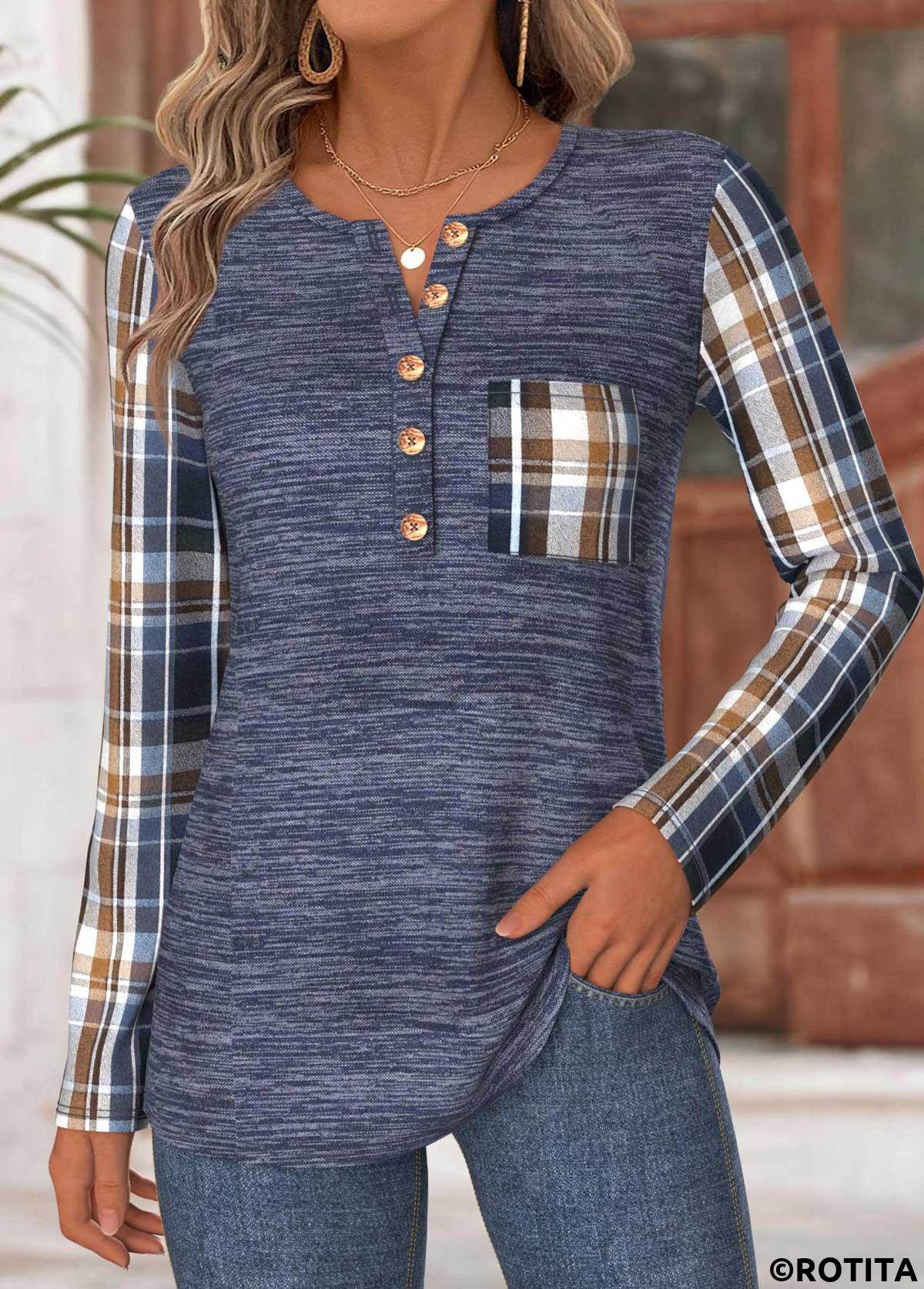 Navy tops,Plaid tops,Geometric tops,ROTITA Tummy Coverage Plaid Navy Round Neck T Shirt