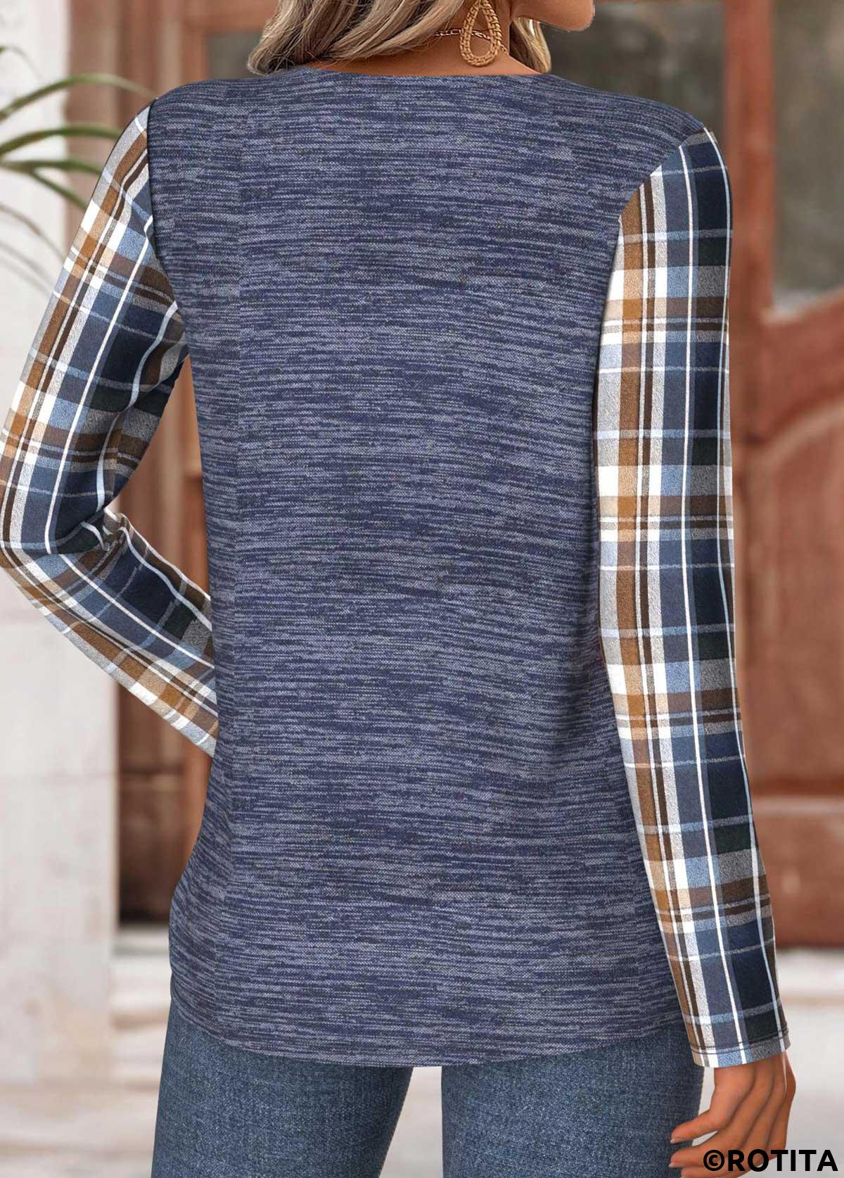 Navy tops,Plaid tops,Geometric tops,ROTITA Tummy Coverage Plaid Navy Round Neck T Shirt